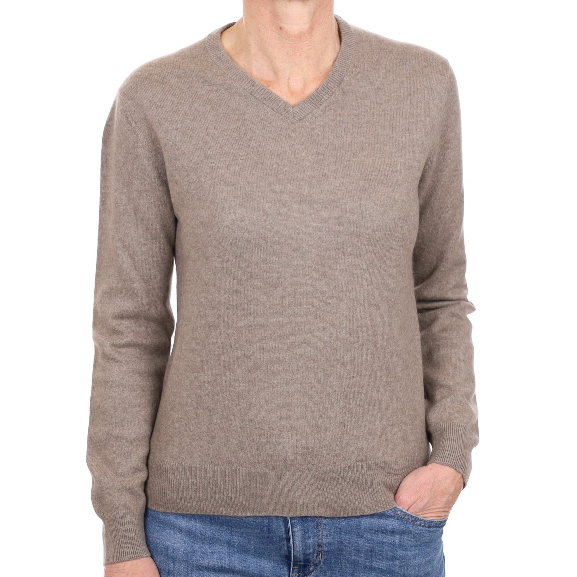 Mink Brown Cashmere V Neck Jumper Small