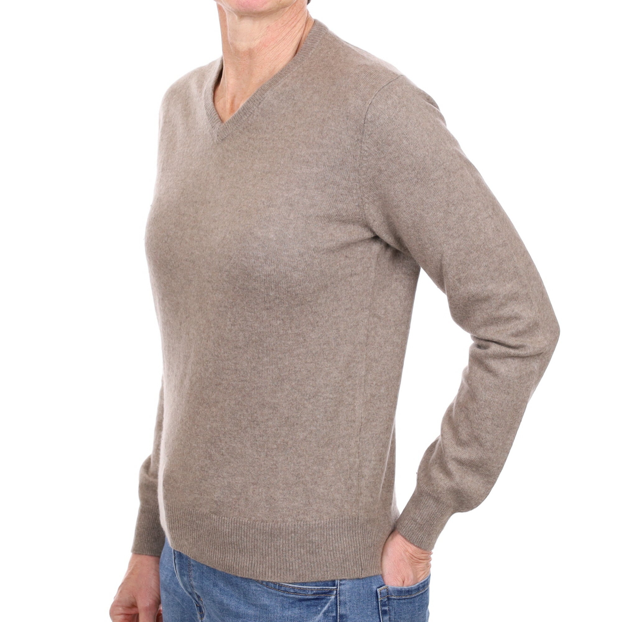 Mink Brown Cashmere V Neck Jumper Small