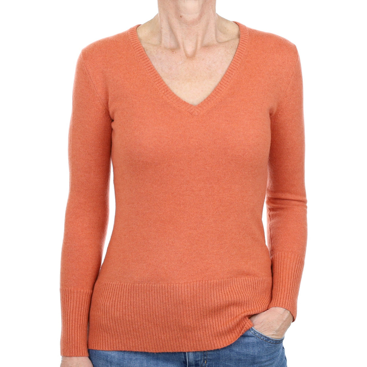 Brick Orange Cashmere V Neck Jumper Small