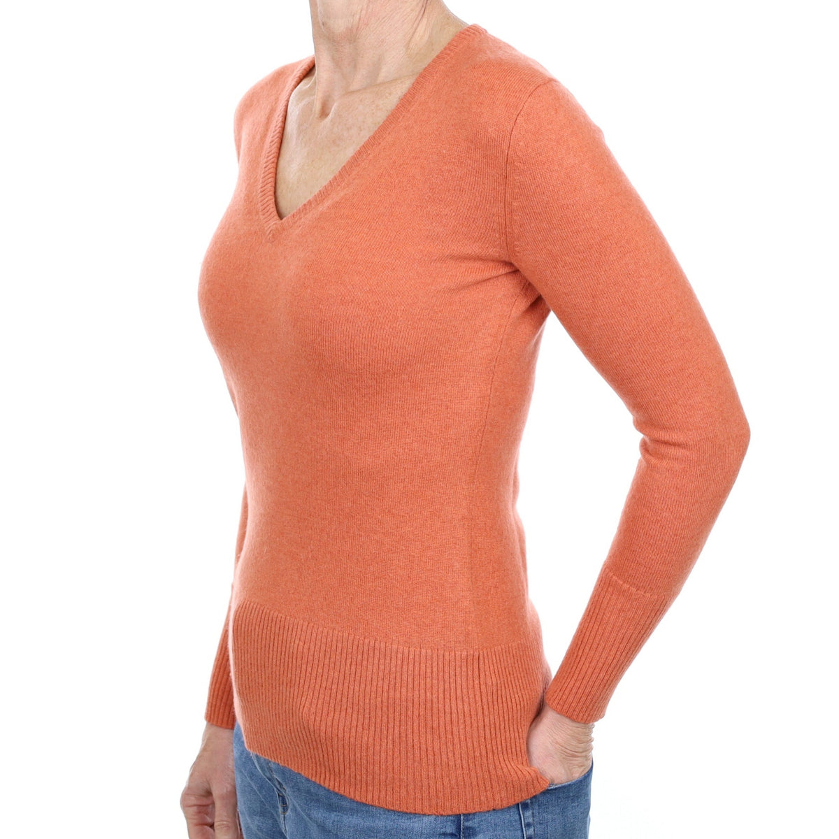 Brick Orange Cashmere V Neck Jumper Small