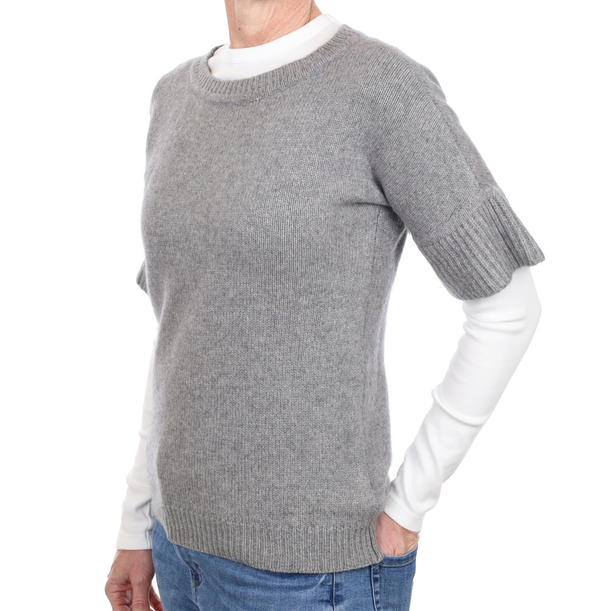 Ash Grey Cashmere Flared Sleeve Crew Neck Jumper Small