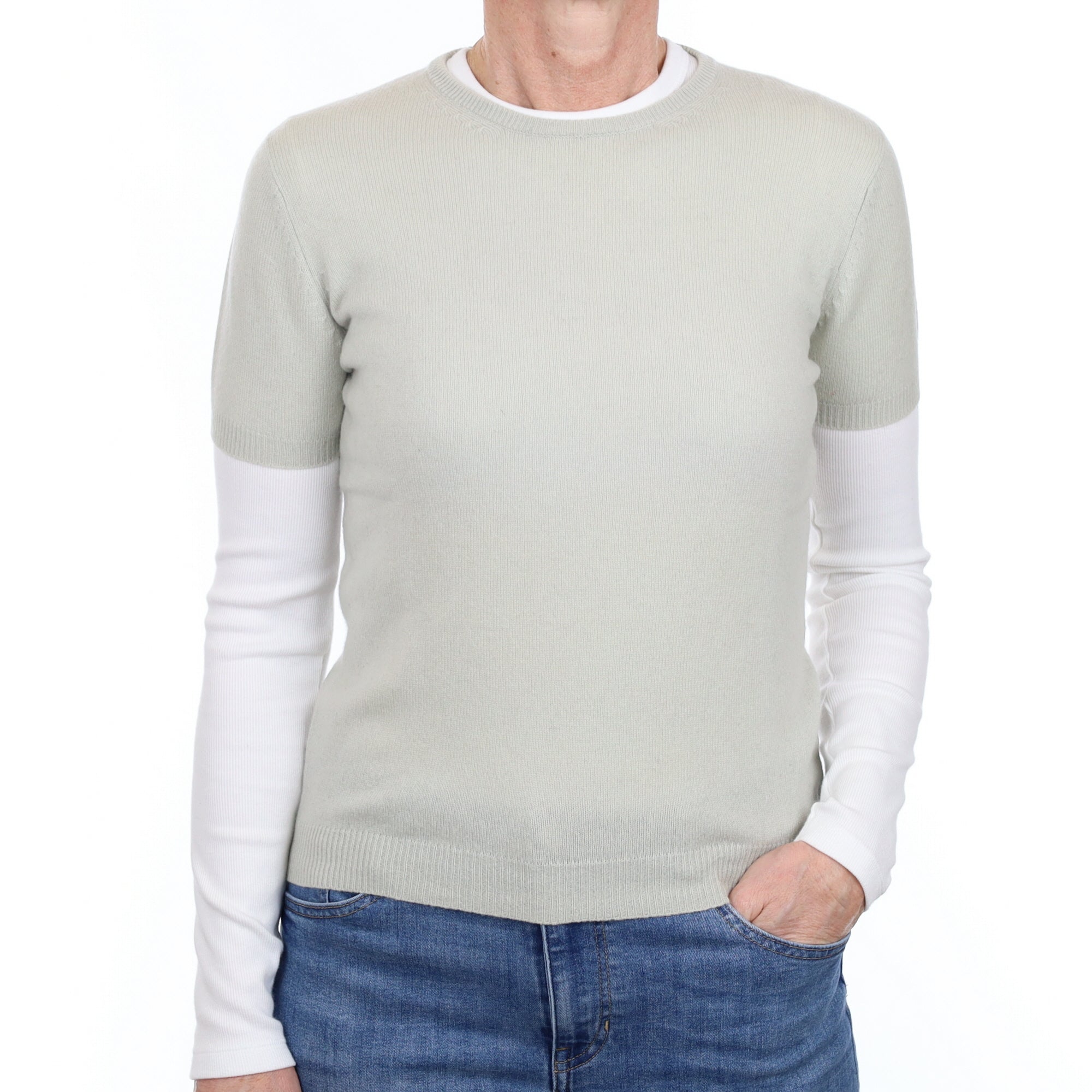 Dusty Mint Cashmere Short Sleeve Crew Neck Jumper Small
