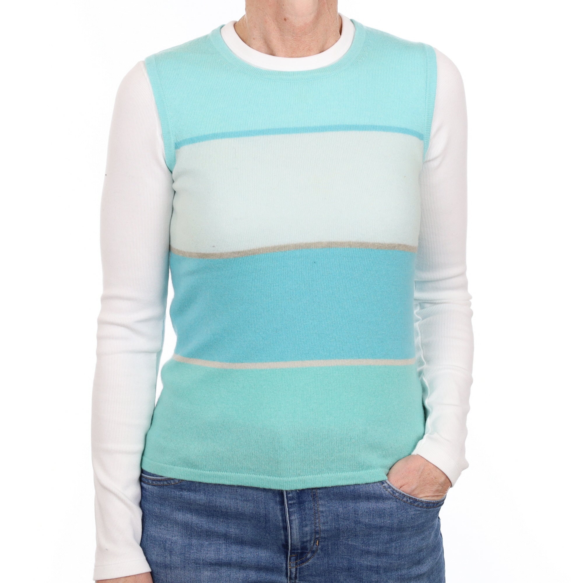 Aqua Stripe Cashmere Crew Neck Vest Small