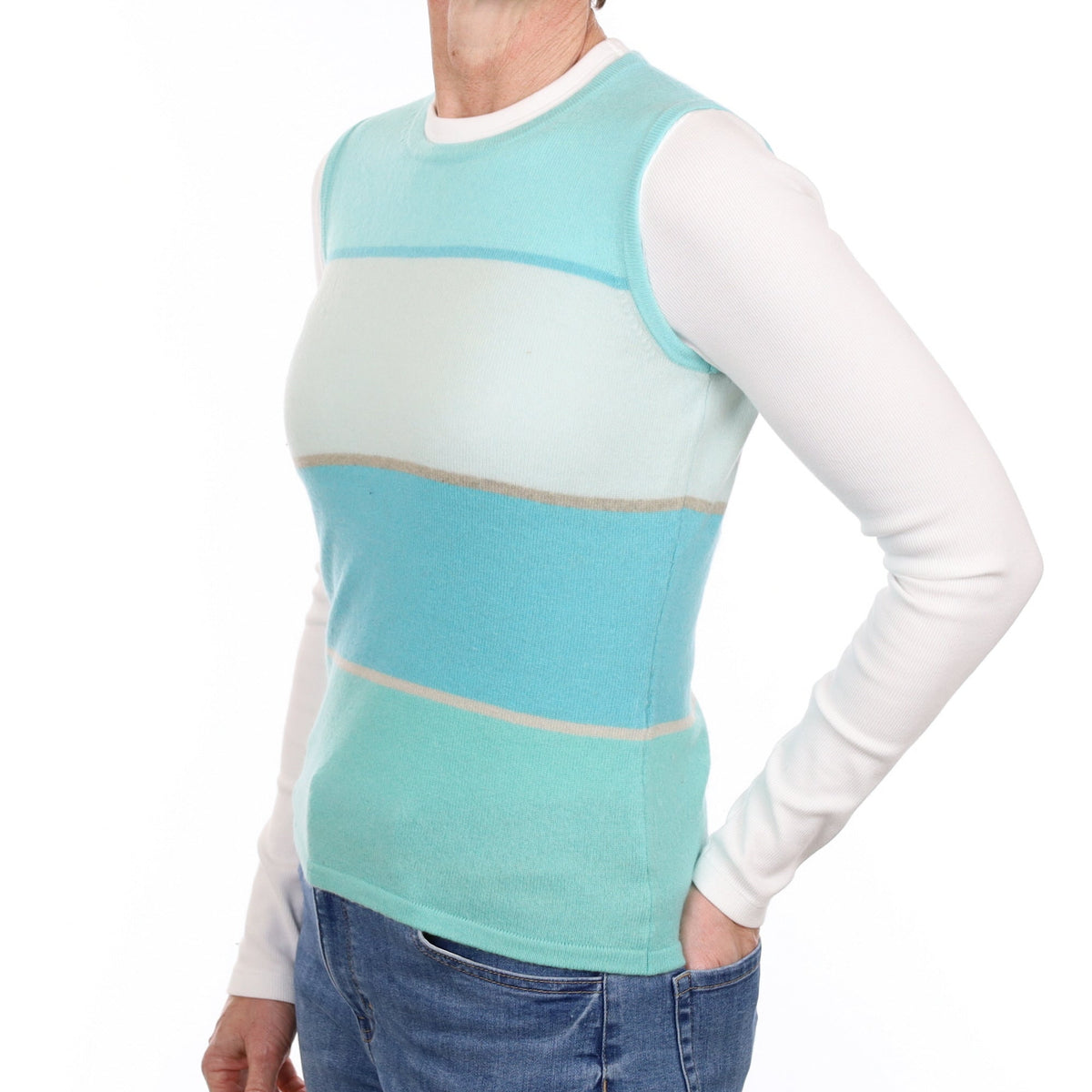 Aqua Stripe Cashmere Crew Neck Vest Small