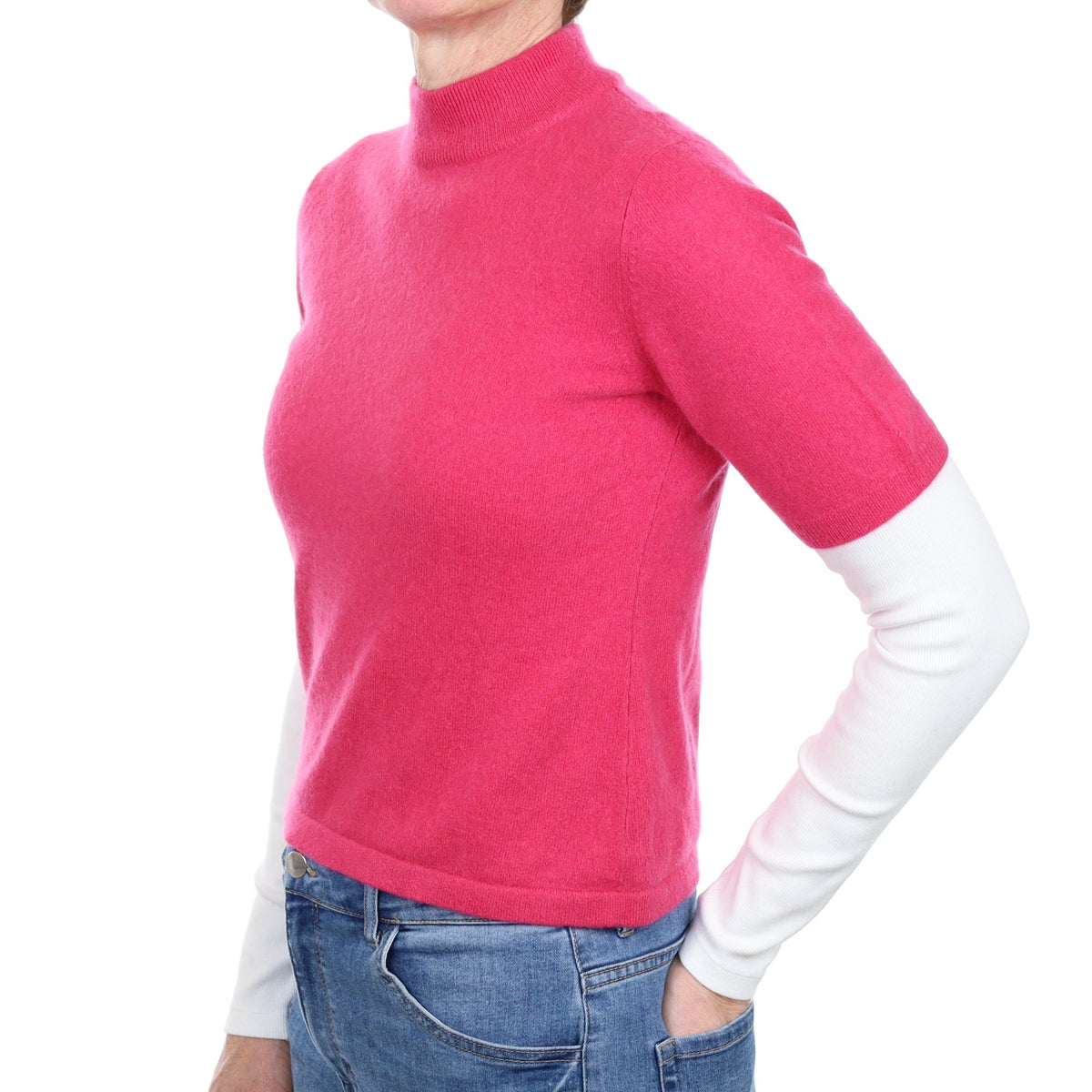 Fuchsia Pink Cashmere Short Sleeve Turtle Neck Jumper Small