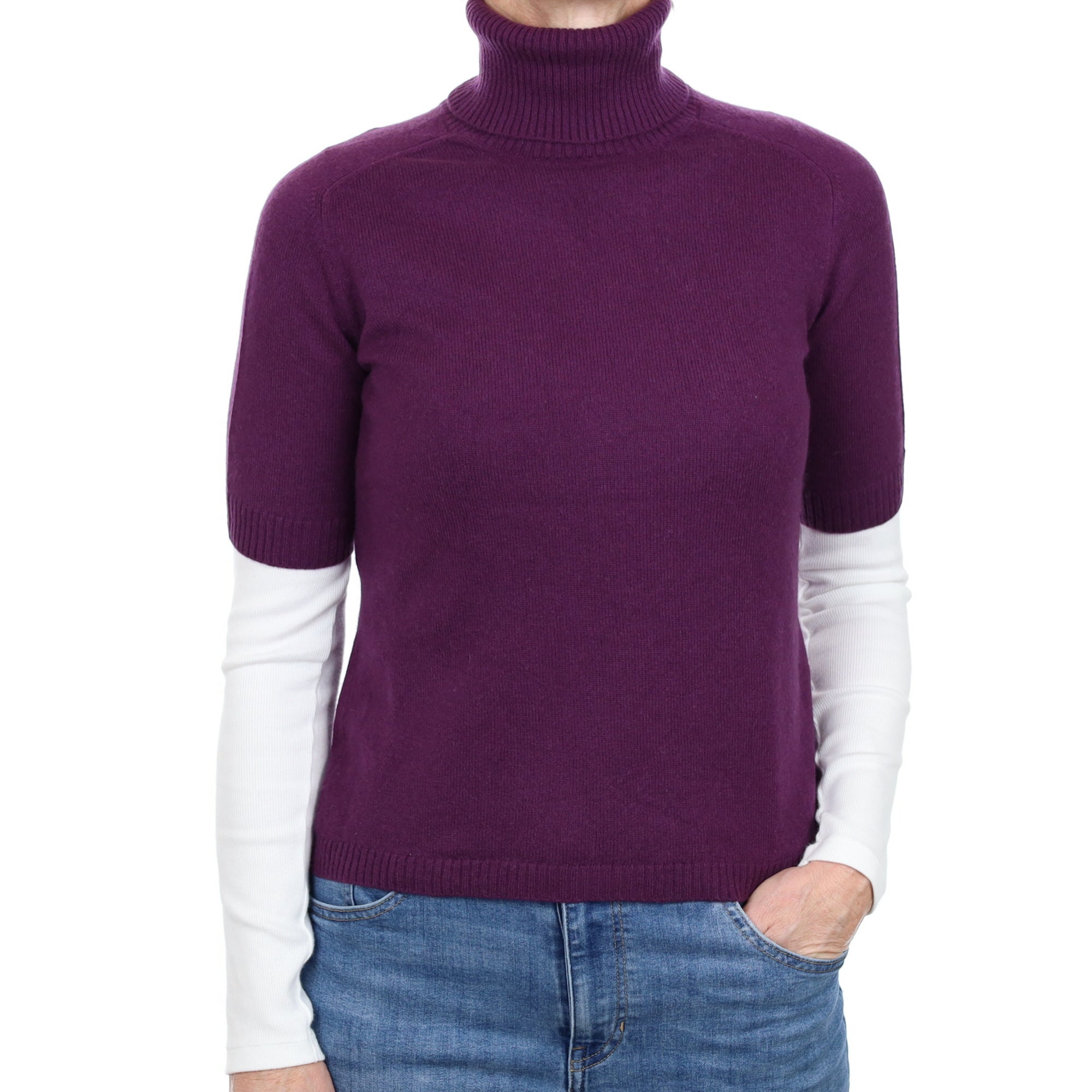 Blueberry Purple Cashmere Short Sleeve Polo Neck Jumper Small