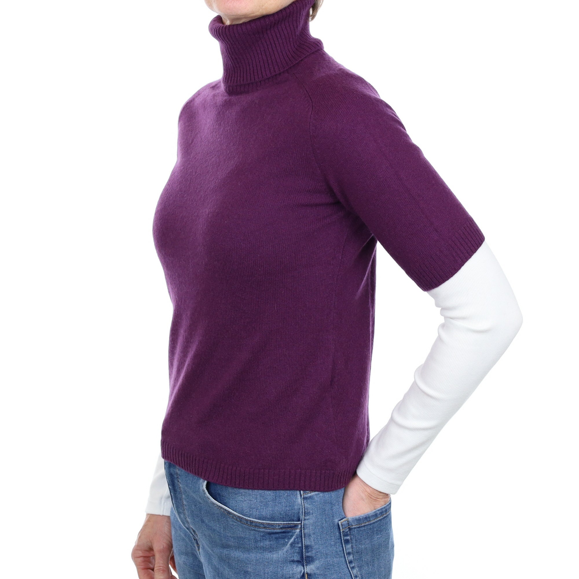 Blueberry Purple Cashmere Short Sleeve Polo Neck Jumper Small