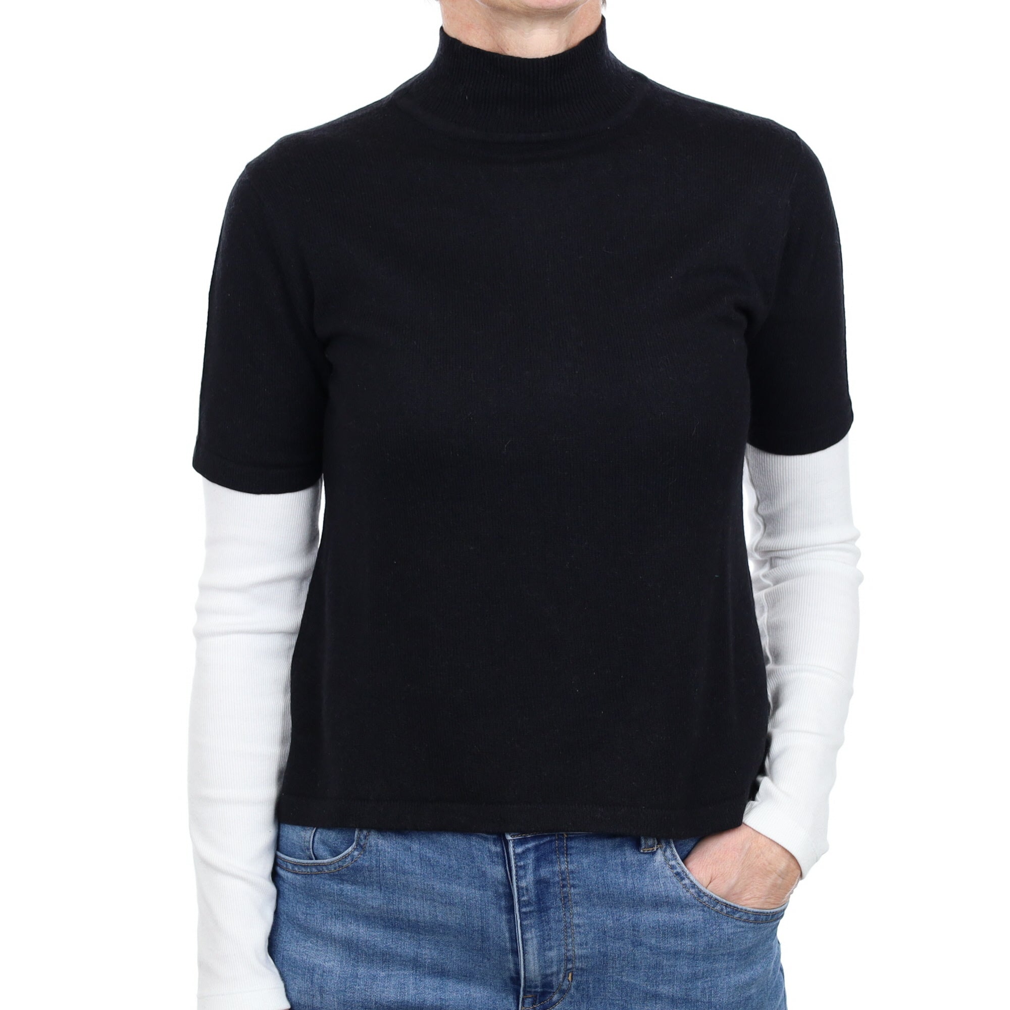Black Cashmere Short Sleeve Turtle Neck Jumper Small