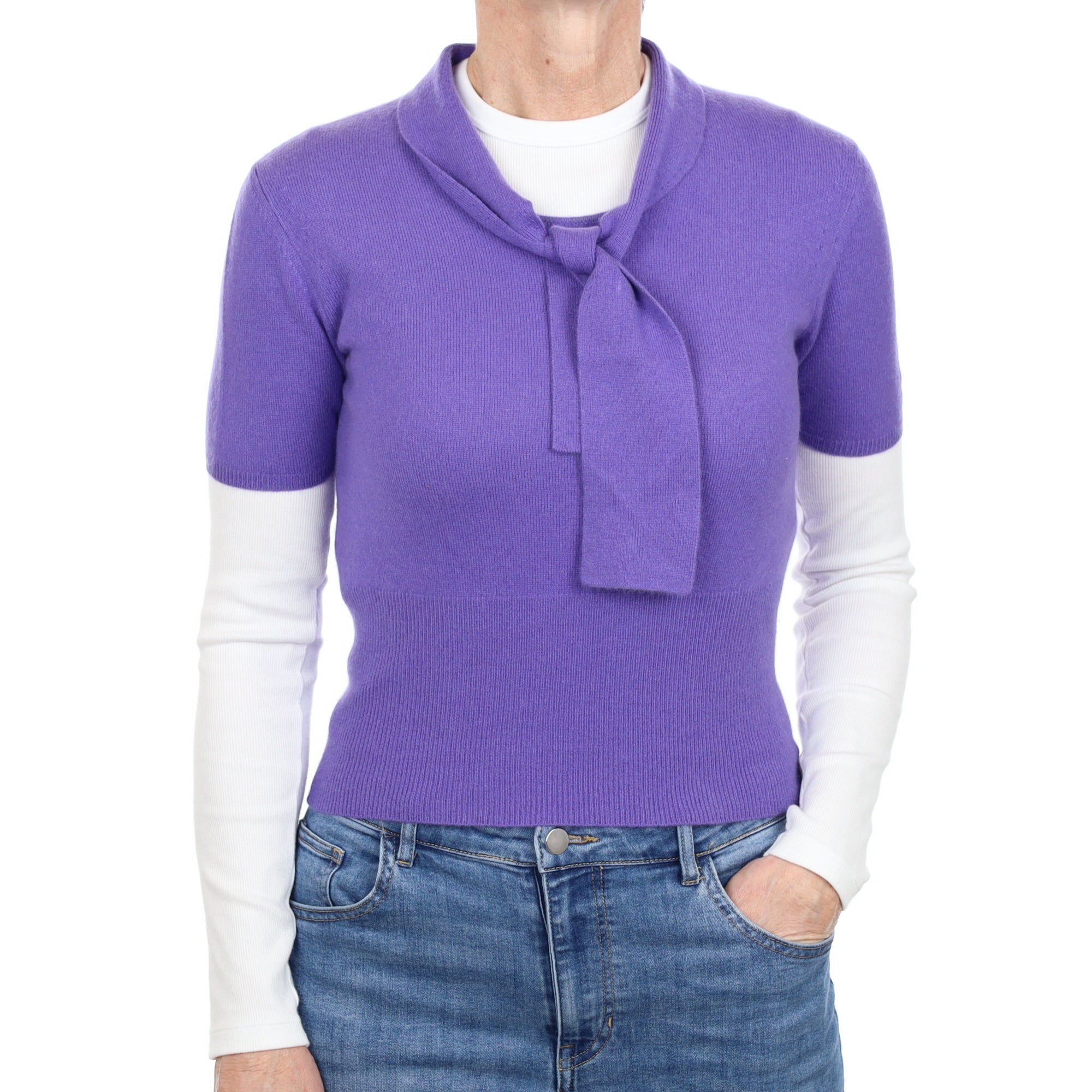Periwinkle Cashmere Short Sleeve Jumper with Neck Tie Small