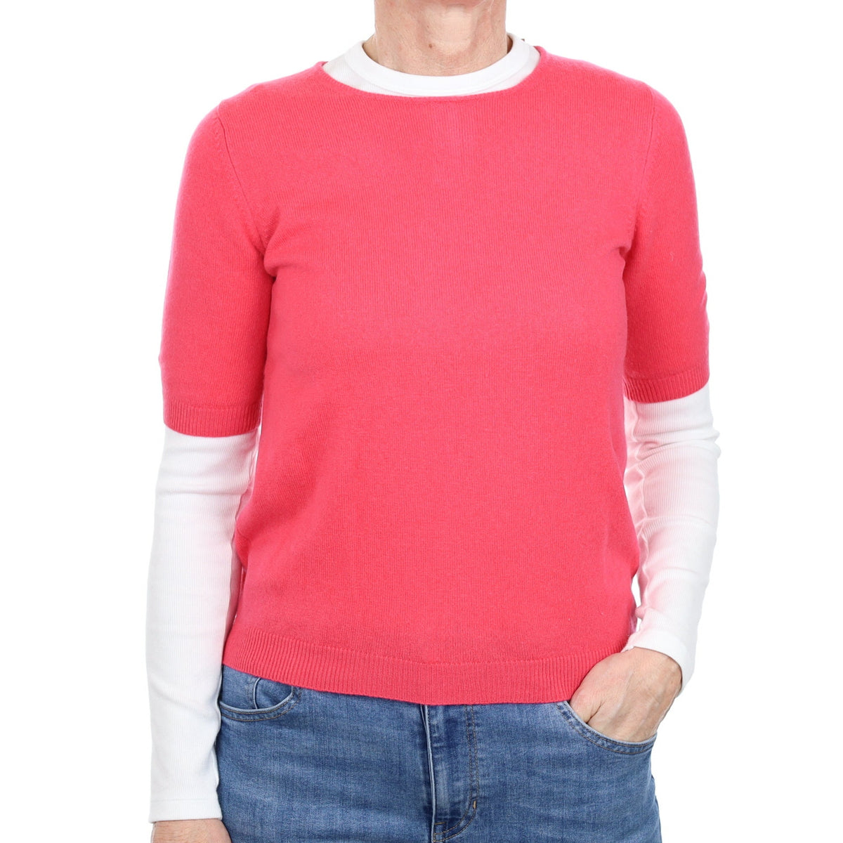 Cerise Pink Cashmere Short Sleeve Crew Neck Jumper Small