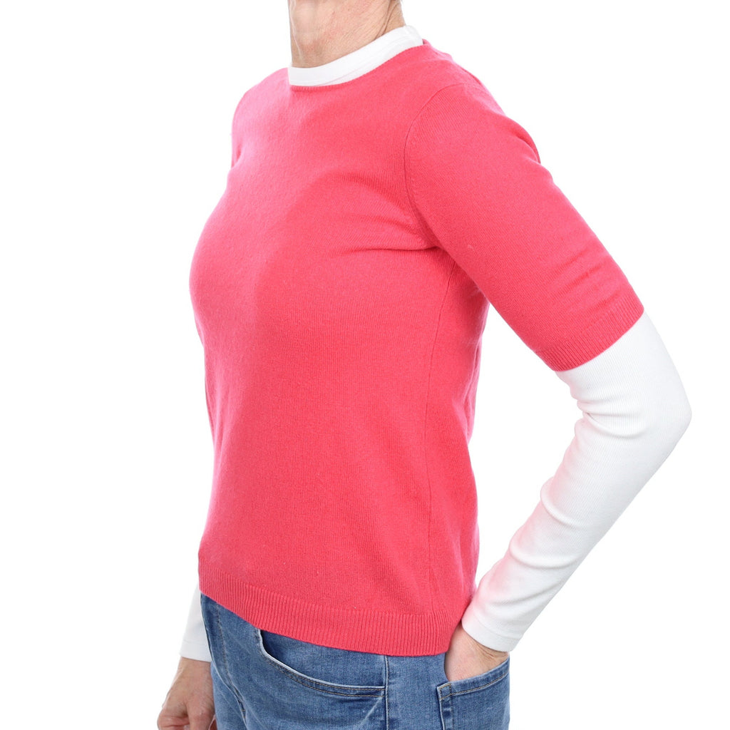 Cerise Pink Cashmere Short Sleeve Crew Neck Jumper Small