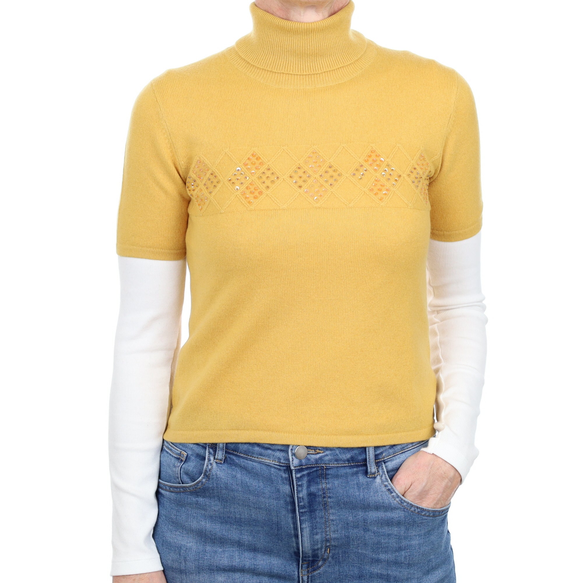 Mustard Embellished Cashmere Short Sleeve Polo Neck Jumper Small