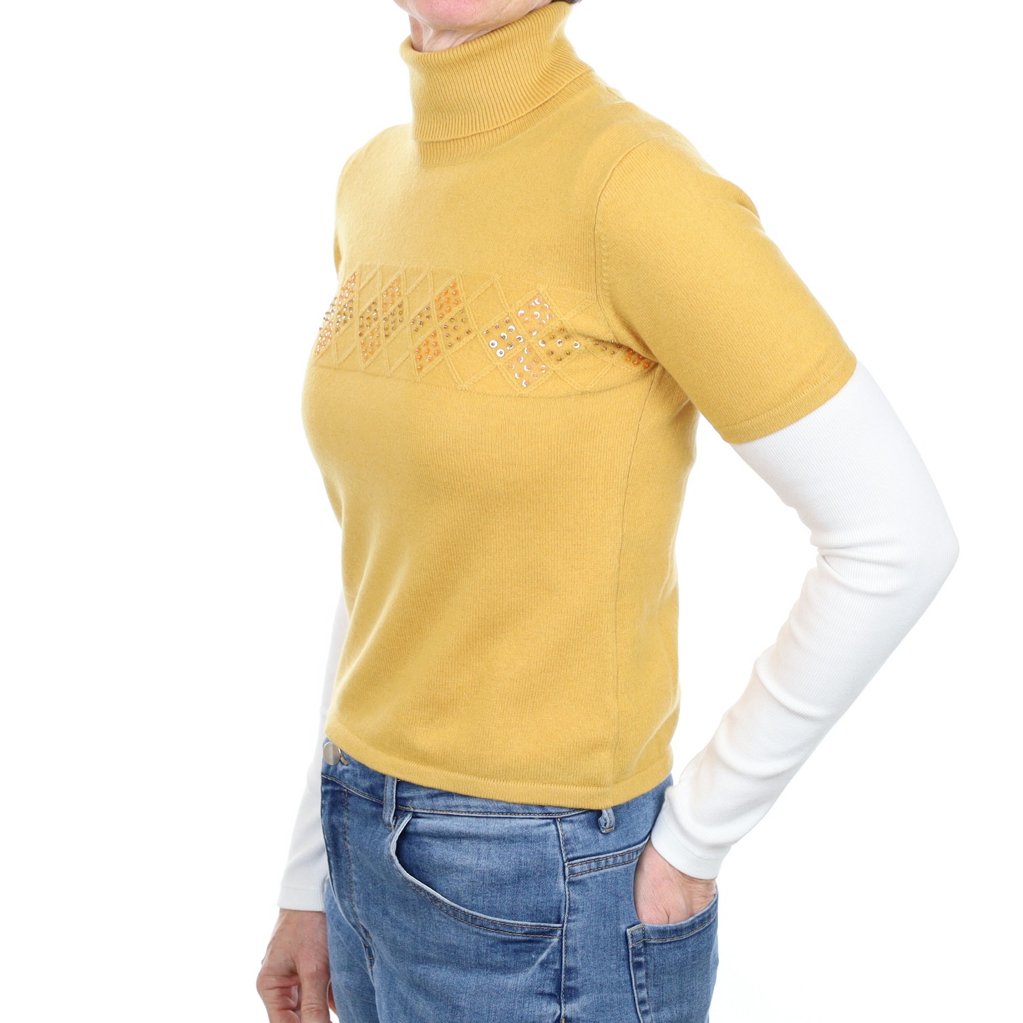 Mustard Embellished Cashmere Short Sleeve Polo Neck Jumper Small