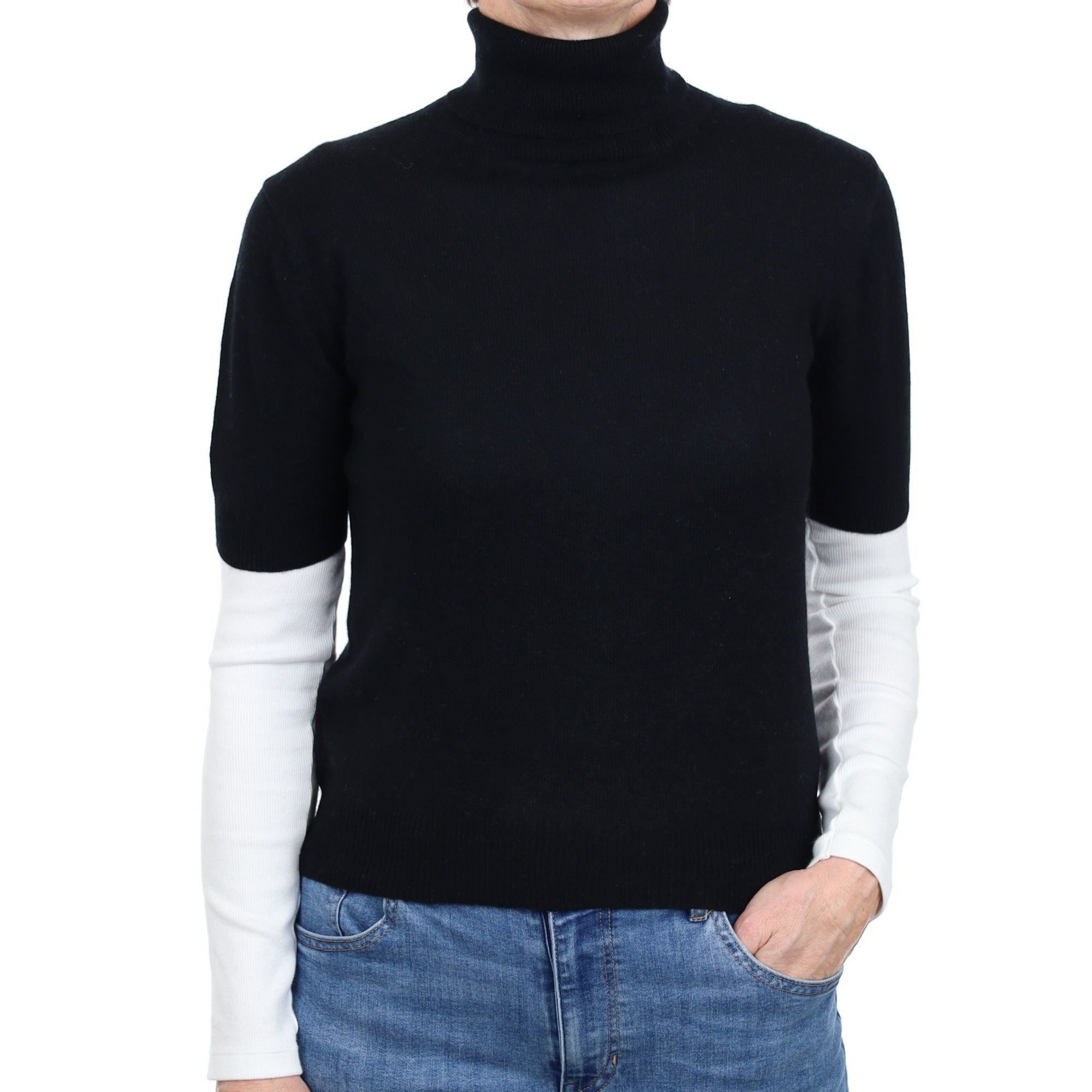 Black Cashmere Short Sleeve Polo Neck Jumper Small
