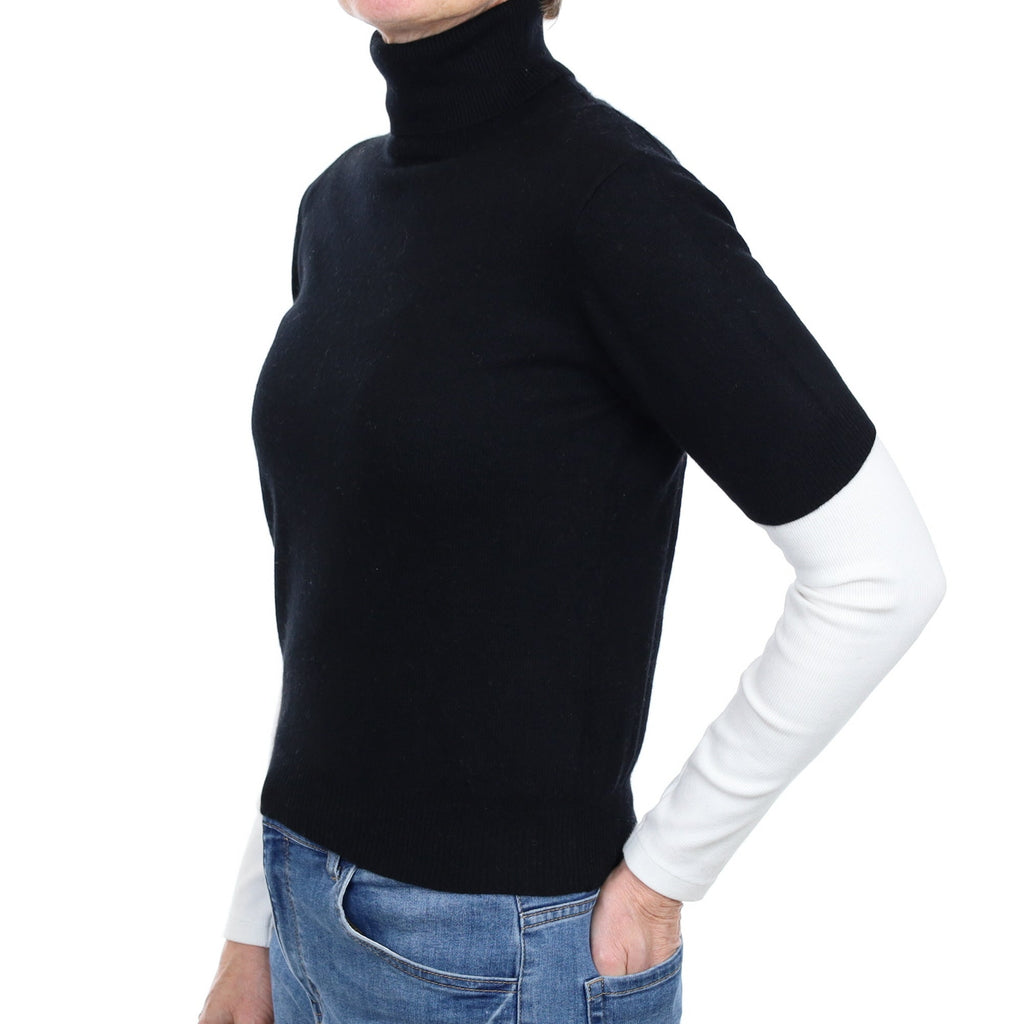 Black Cashmere Short Sleeve Polo Neck Jumper Small