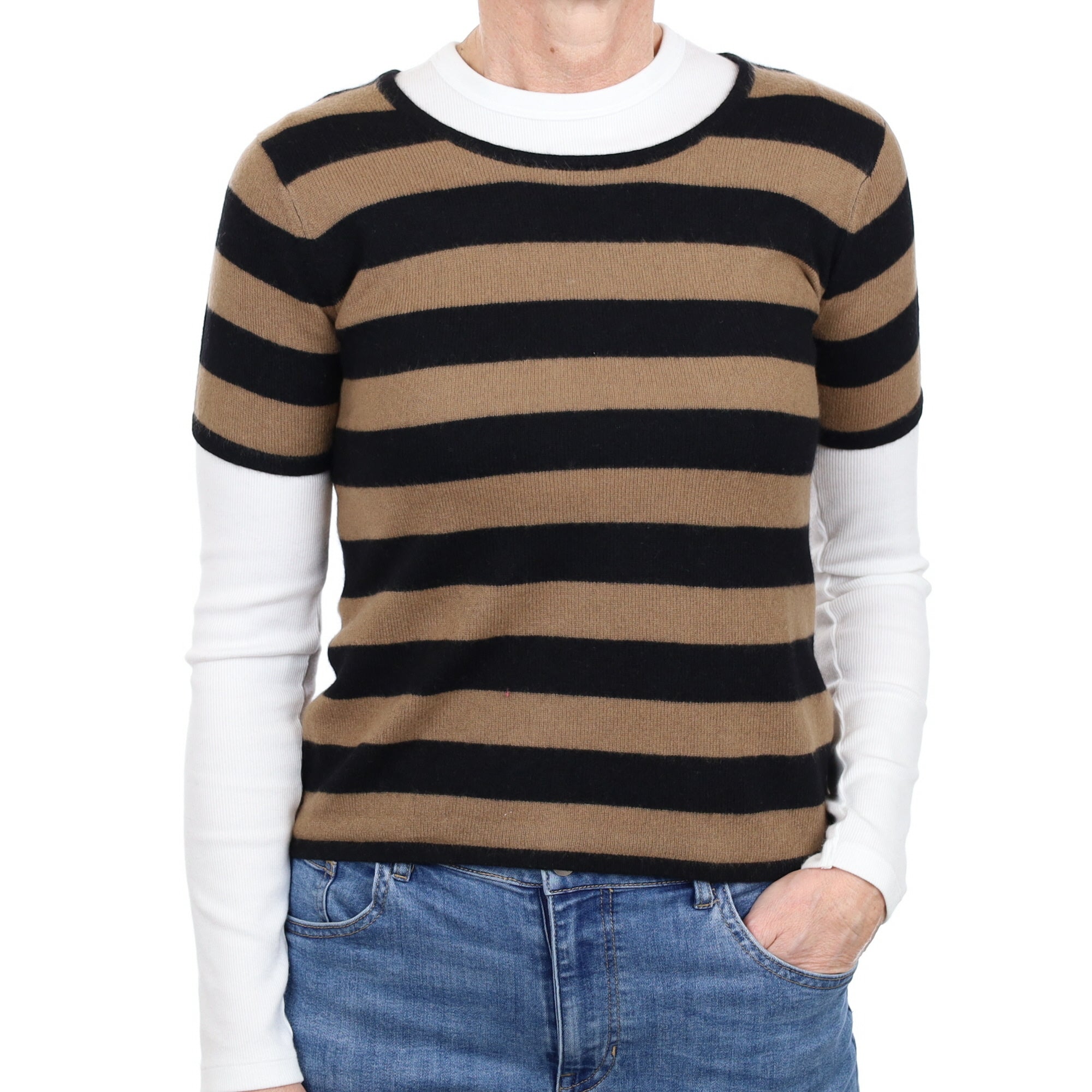 Toffee and Black Stripe Cashmere Short Sleeve Crew Neck Jumper Small