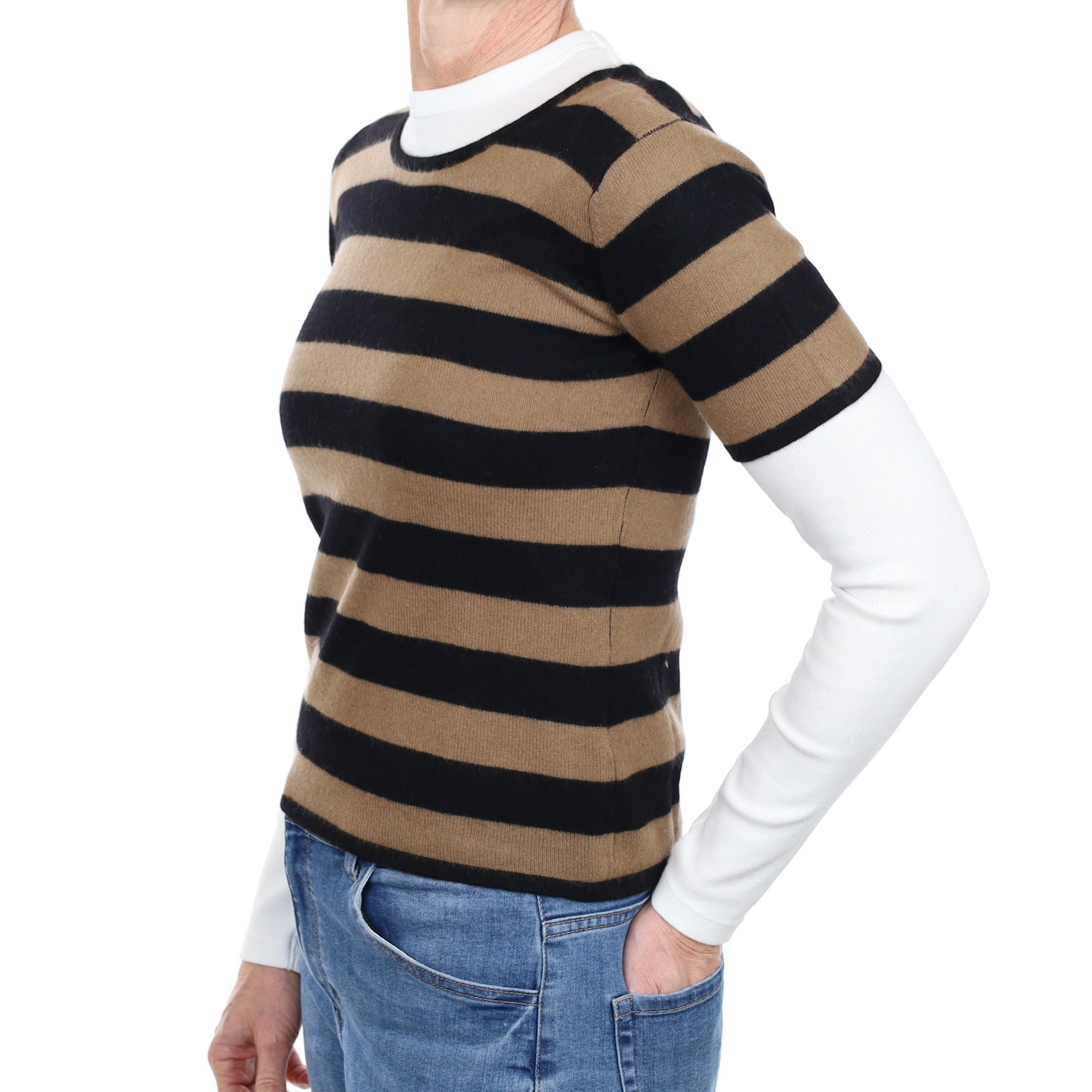 Toffee and Black Stripe Cashmere Short Sleeve Crew Neck Jumper Small