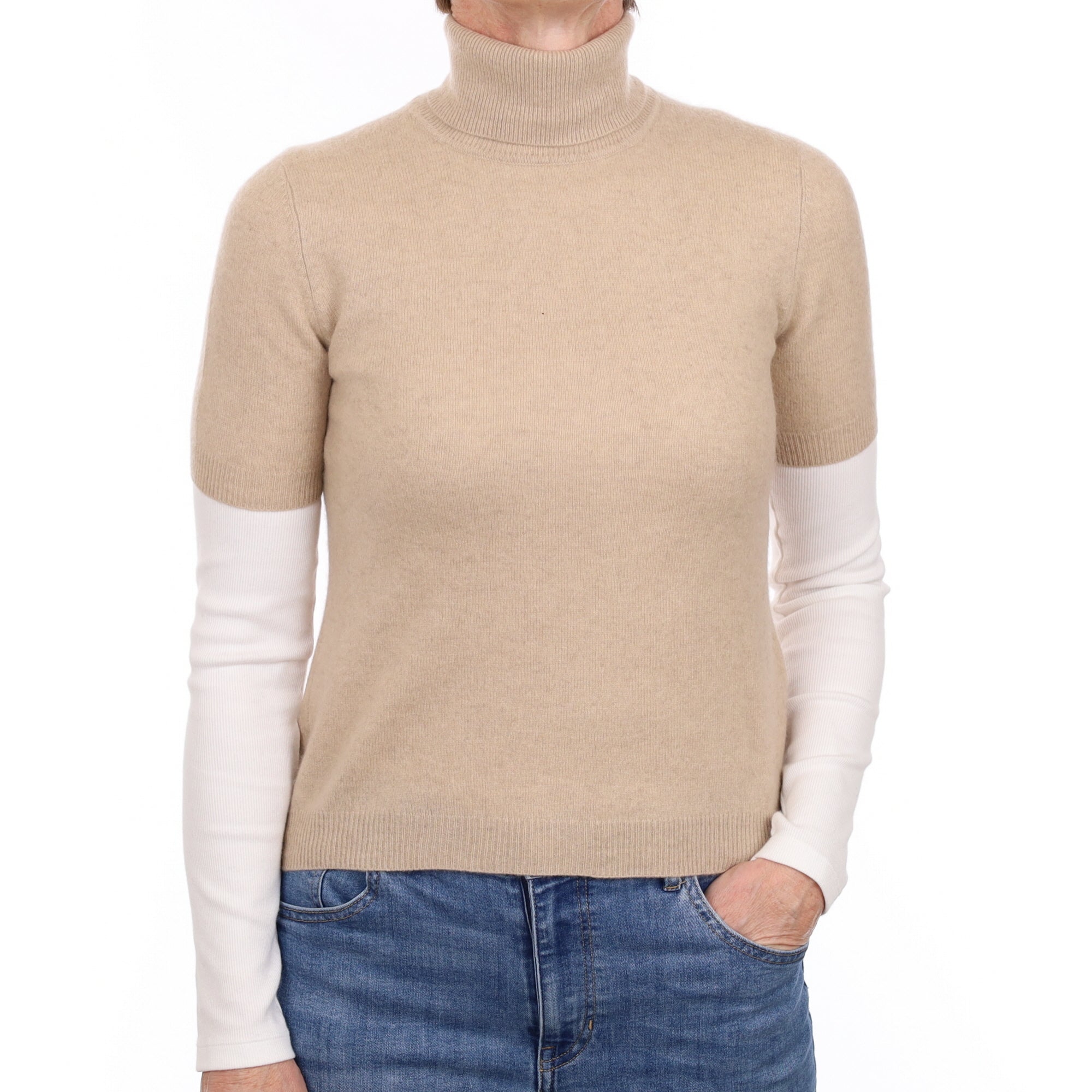 Fawn Cashmere Short Sleeve Polo Neck Jumper Small
