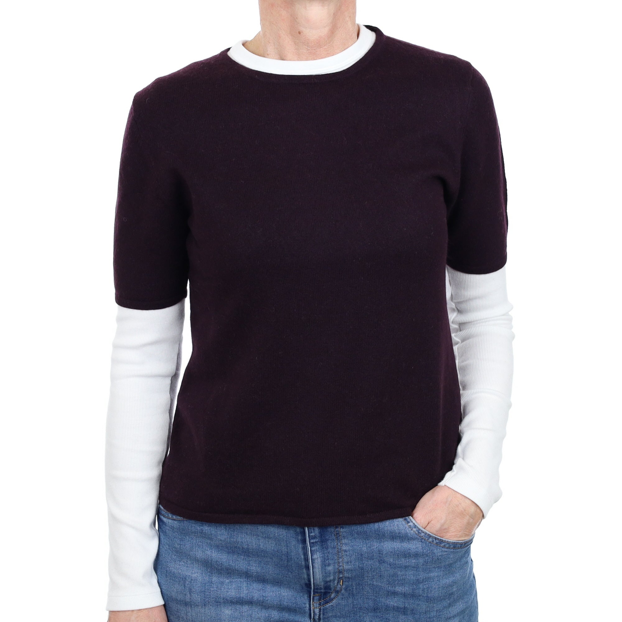 Deep Aubergine Cashmere Short Sleeve Crew Neck Jumper Small