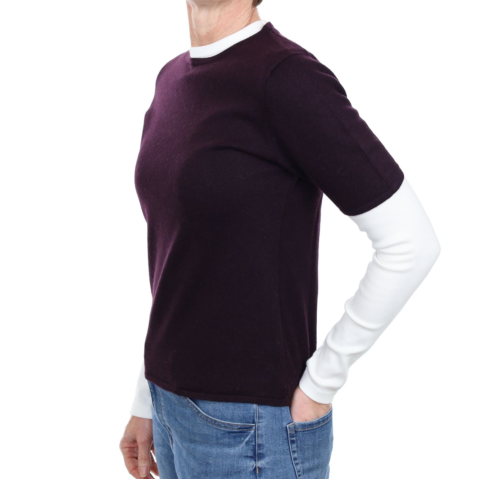 Deep Aubergine Cashmere Short Sleeve Crew Neck Jumper Small