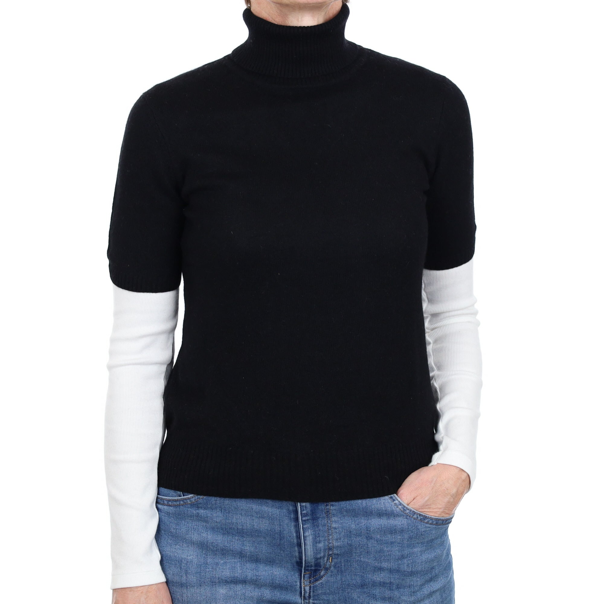 Black Cashmere Short Sleeve Polo Neck Jumper Small