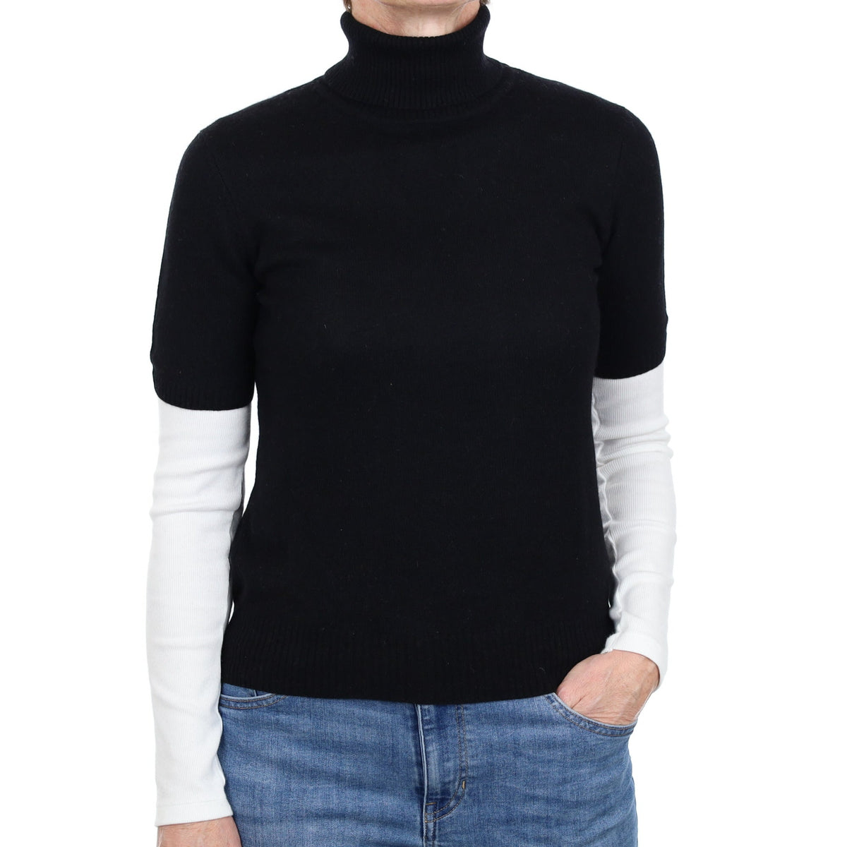 Black Cashmere Short Sleeve Polo Neck Jumper Small