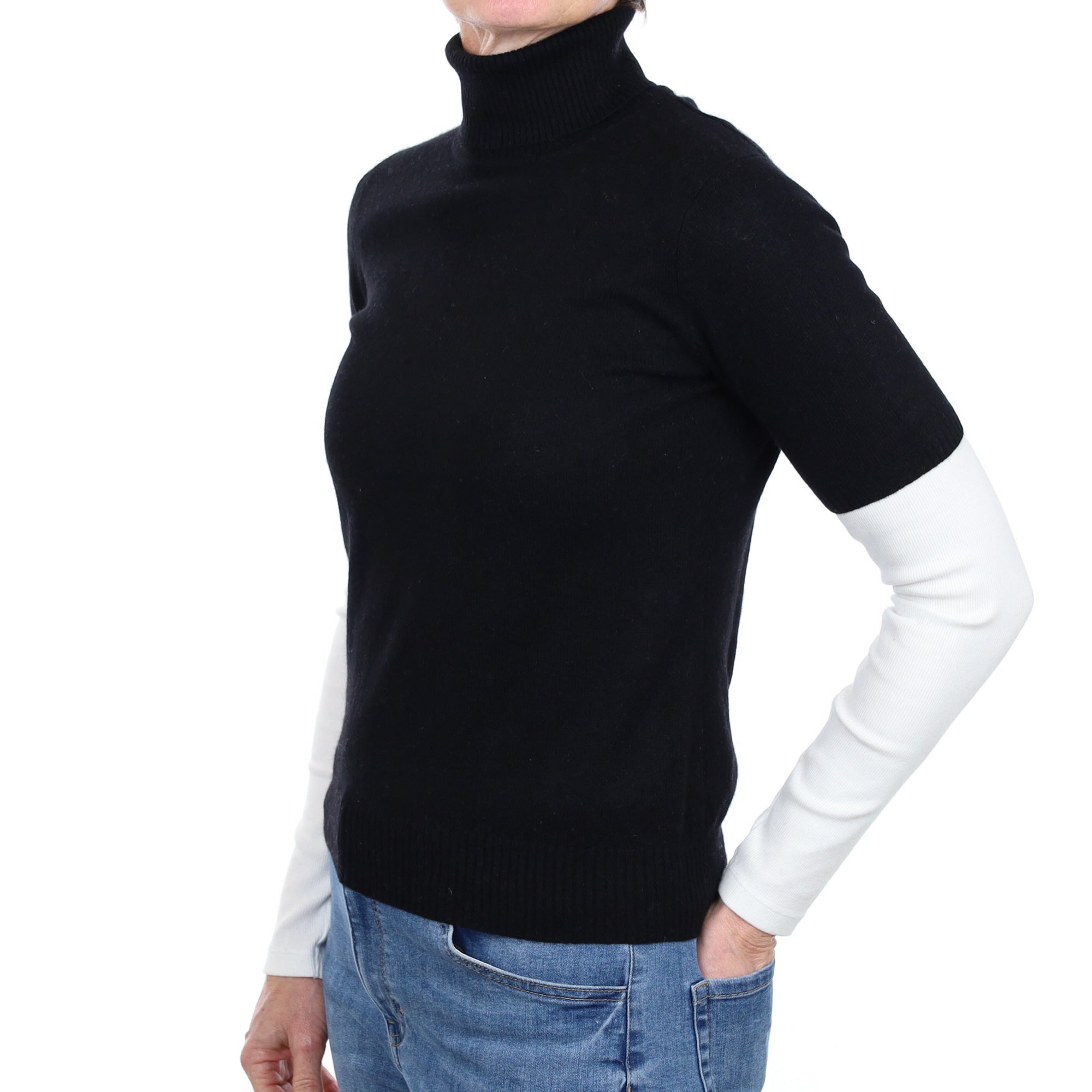 Black Cashmere Short Sleeve Polo Neck Jumper Small
