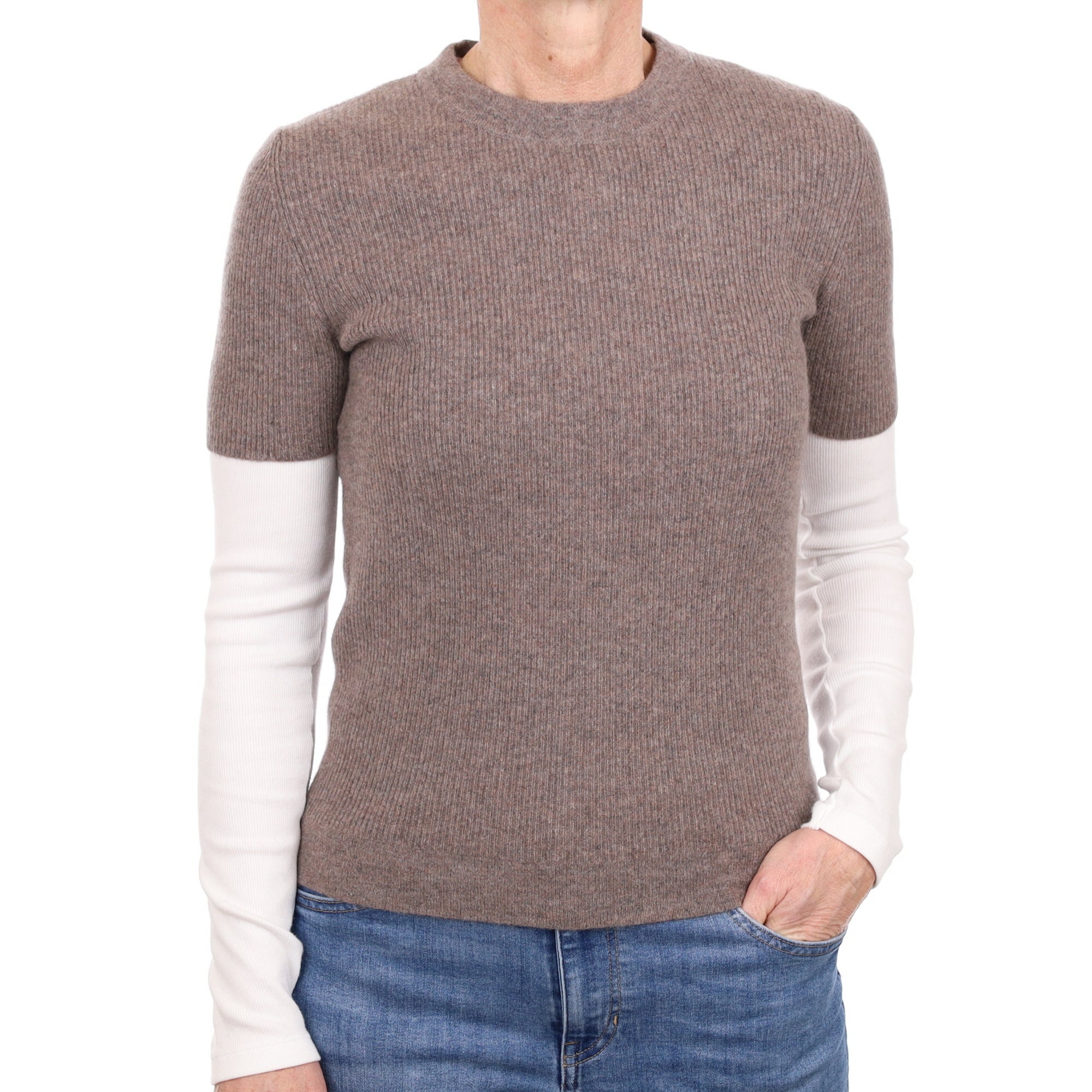 Mocha Ribbed Cashmere Short Sleeve Crew Neck Jumper Small