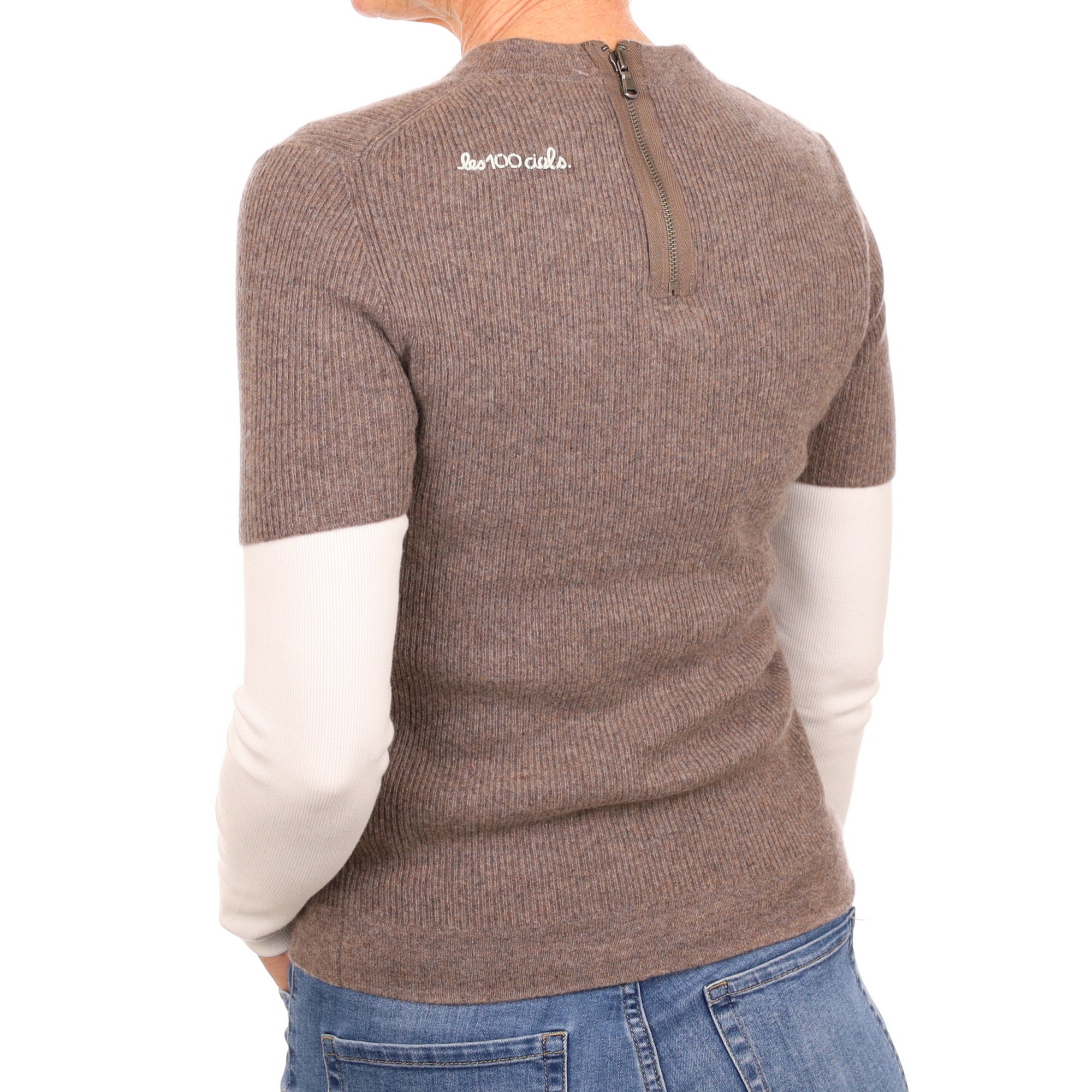 Mocha Ribbed Cashmere Short Sleeve Crew Neck Jumper Small