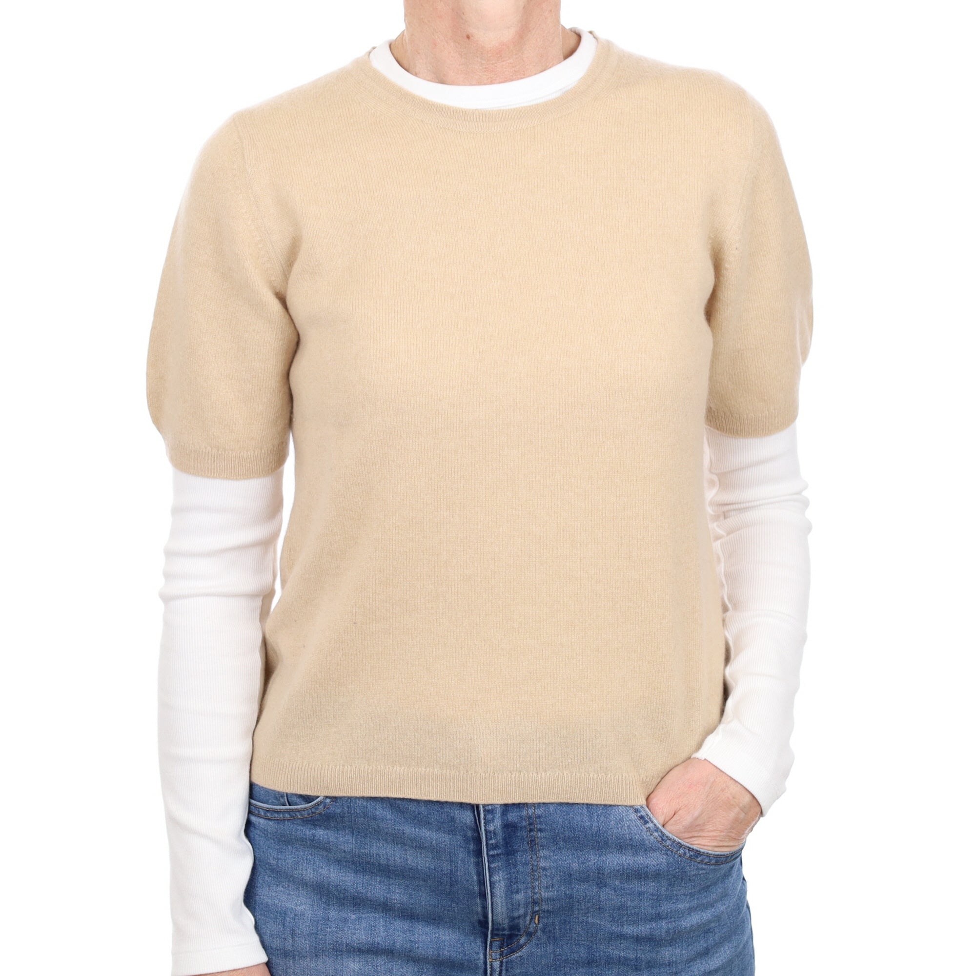 Beige Cashmere Short Sleeve Crew Neck Jumper Small