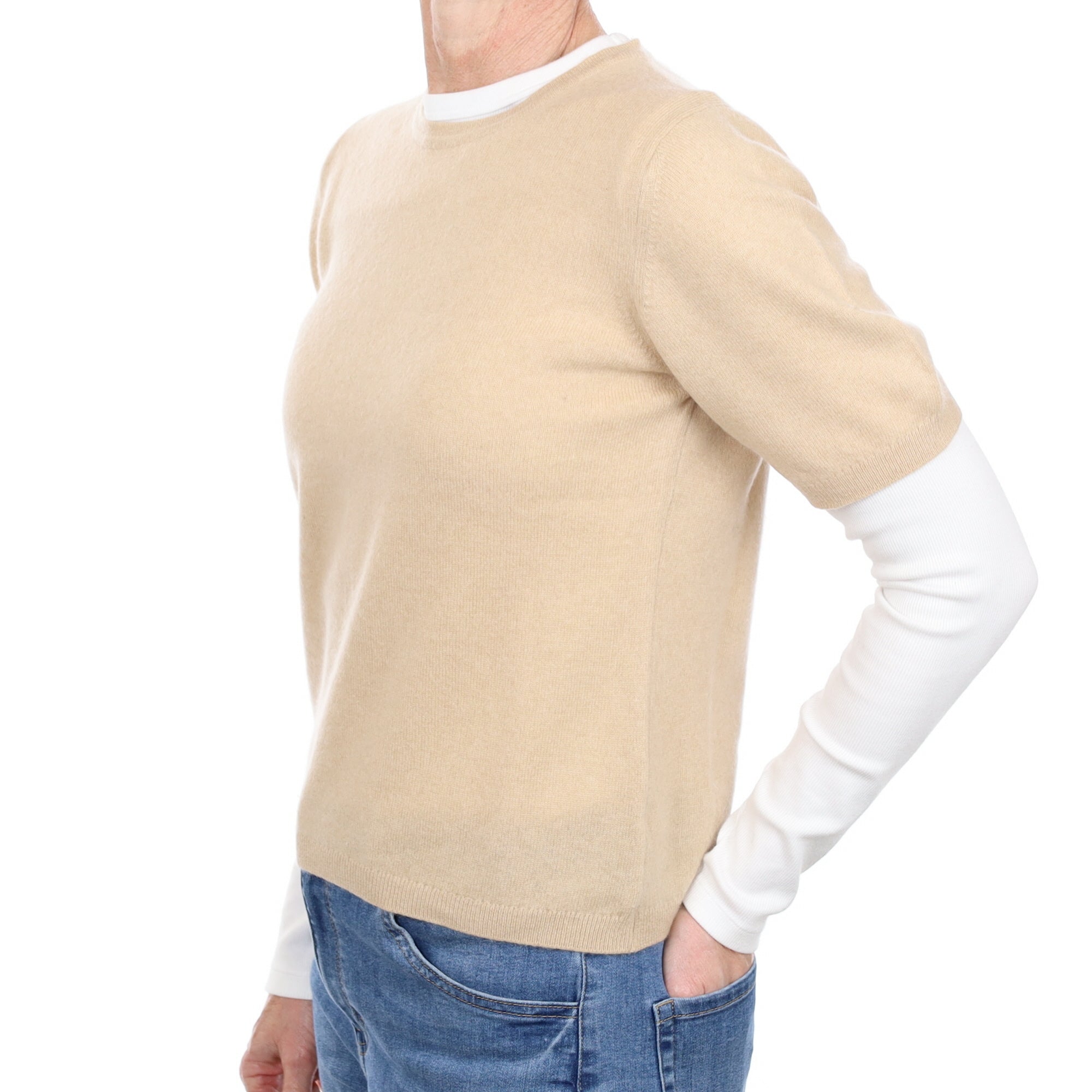 Beige Cashmere Short Sleeve Crew Neck Jumper Small