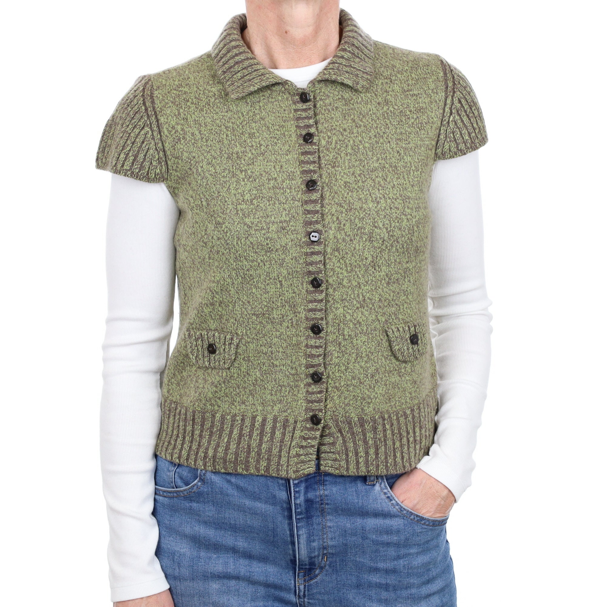 Lime and Mocha Marl Cashmere Capped Sleeve Gilet Small