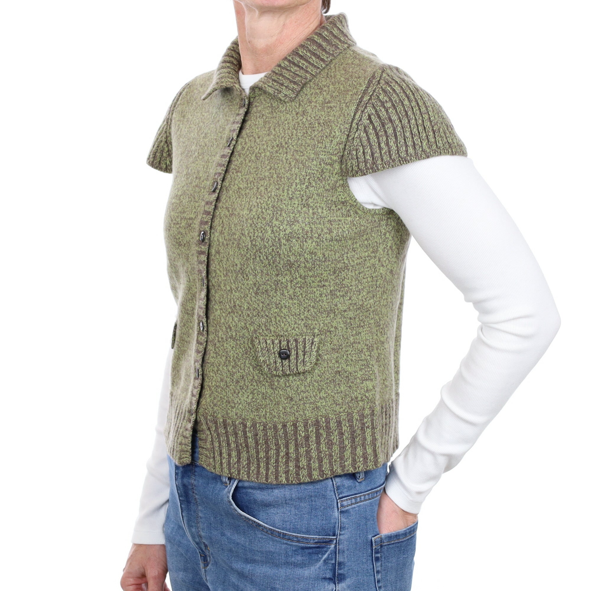 Lime and Mocha Marl Cashmere Capped Sleeve Gilet Small