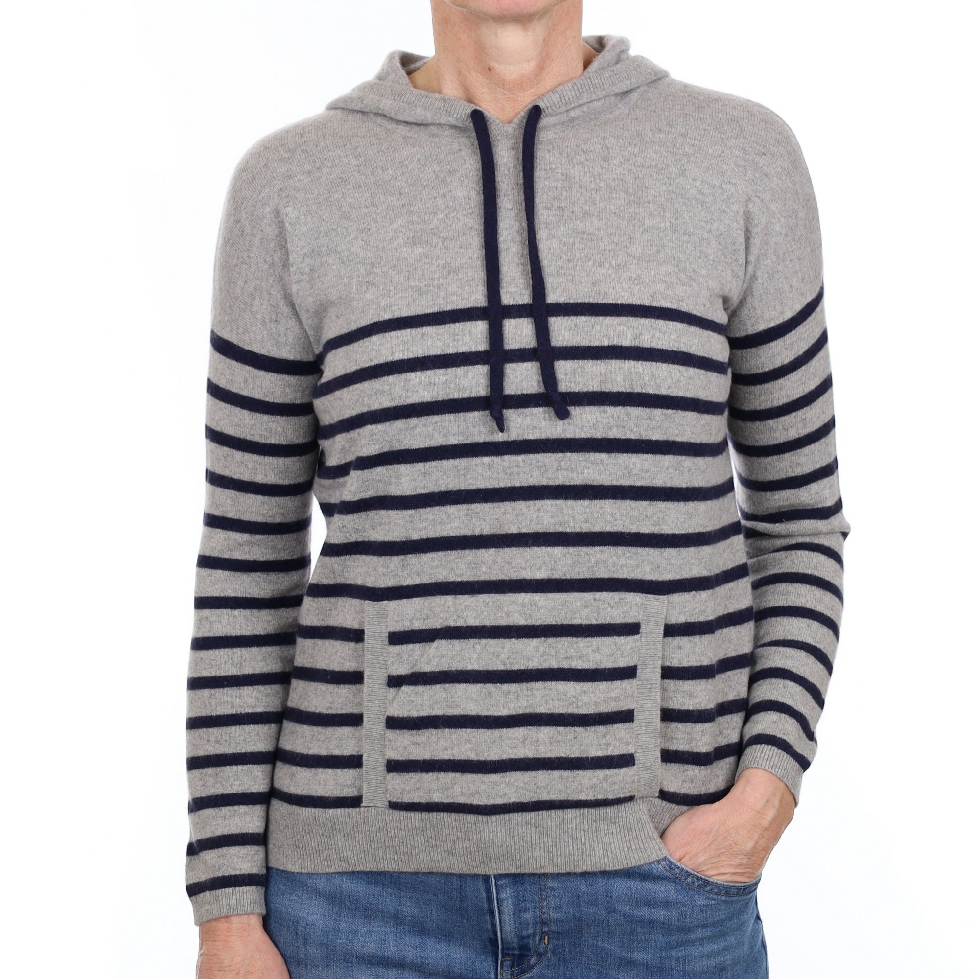 Grey and Navy Stripe Cashmere Hoodie Jumper with Pocket Small