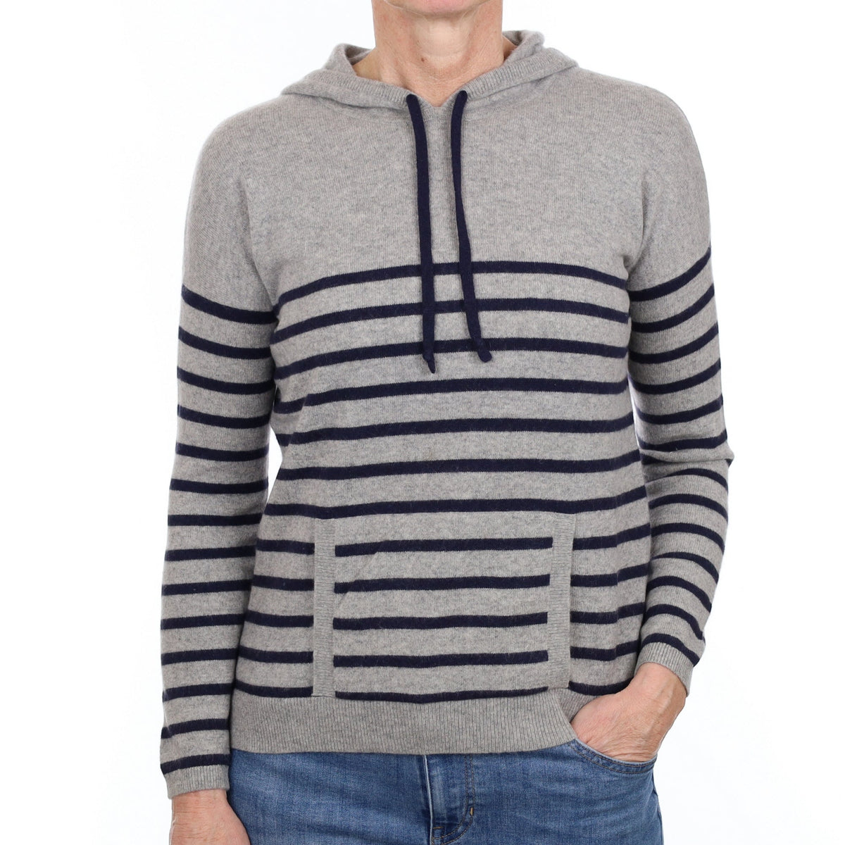 Grey and Navy Stripe Cashmere Hoodie Jumper with Pocket Small