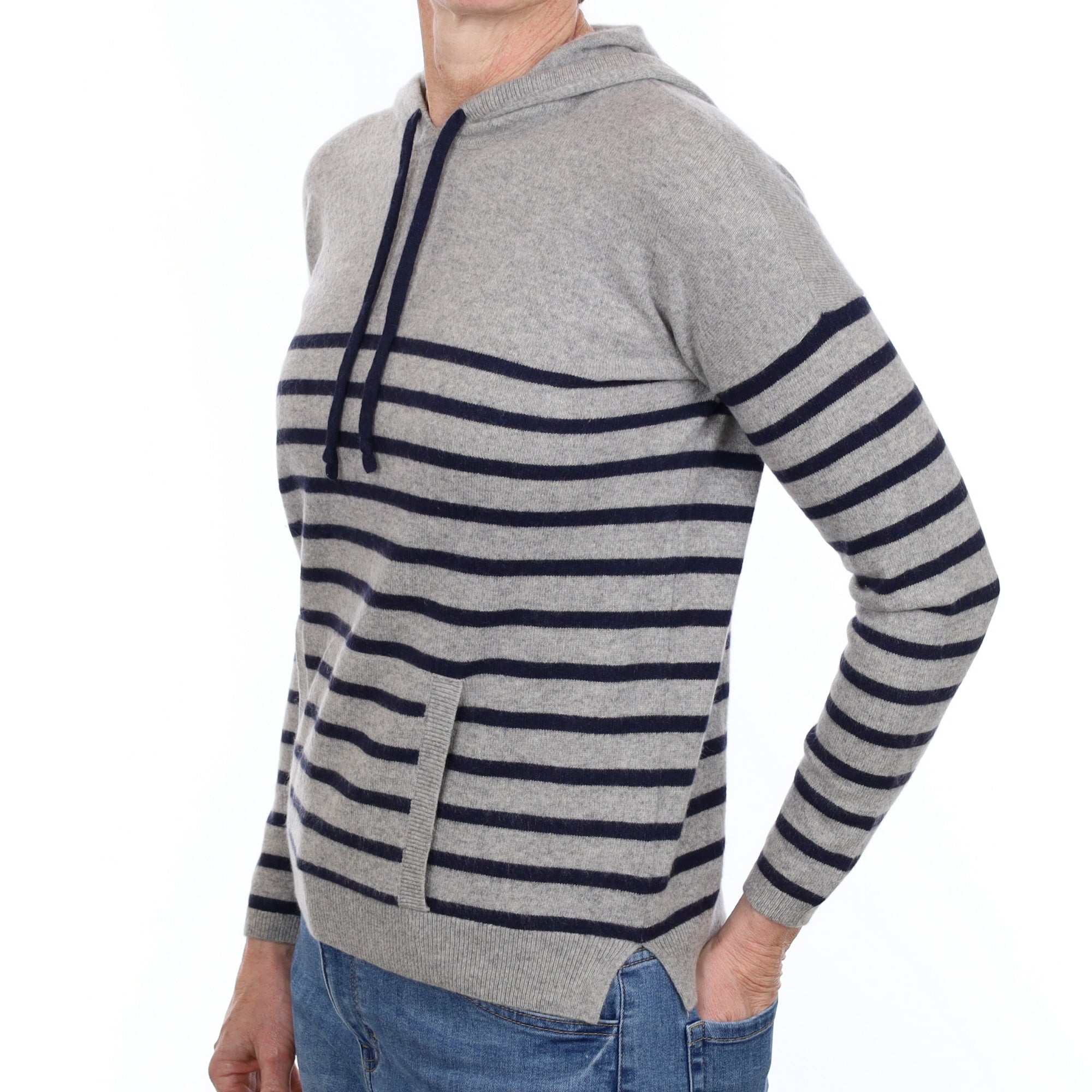 Grey and Navy Stripe Cashmere Hoodie Jumper with Pocket Small