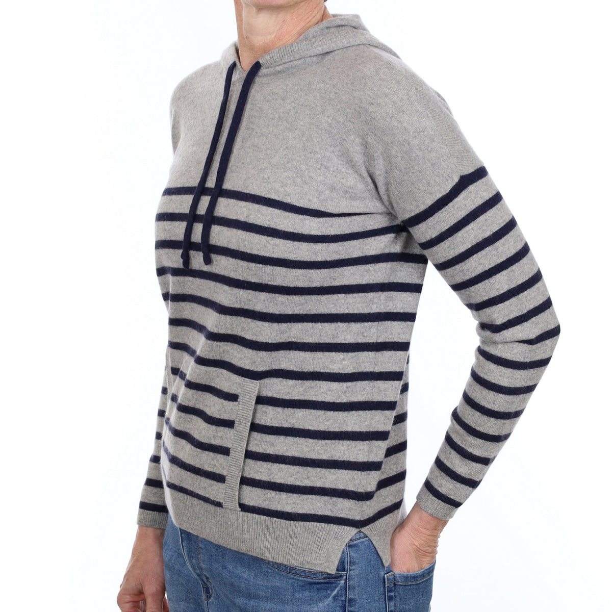 Grey and Navy Stripe Cashmere Hoodie Jumper with Pocket Small