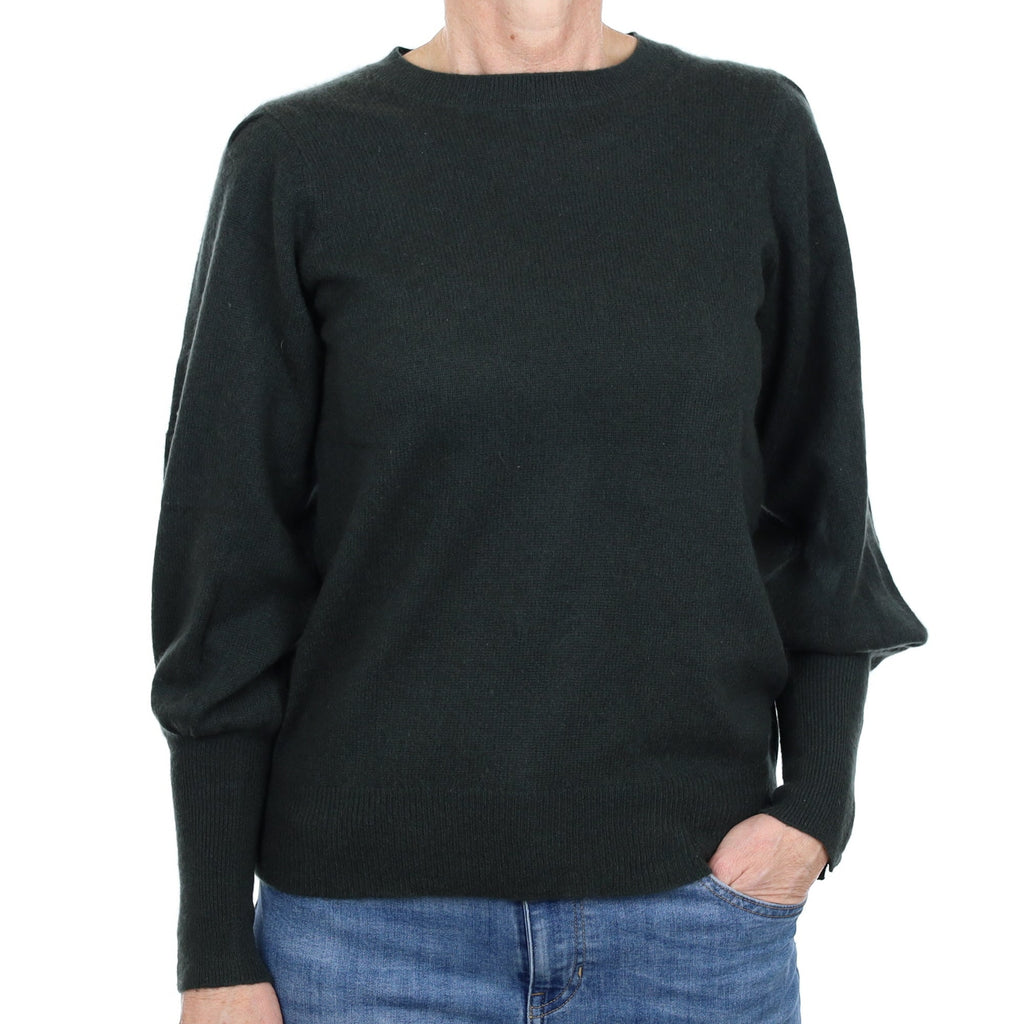 Darkest Khaki Cashmere Blouse Sleeve Crew Neck Jumper Small