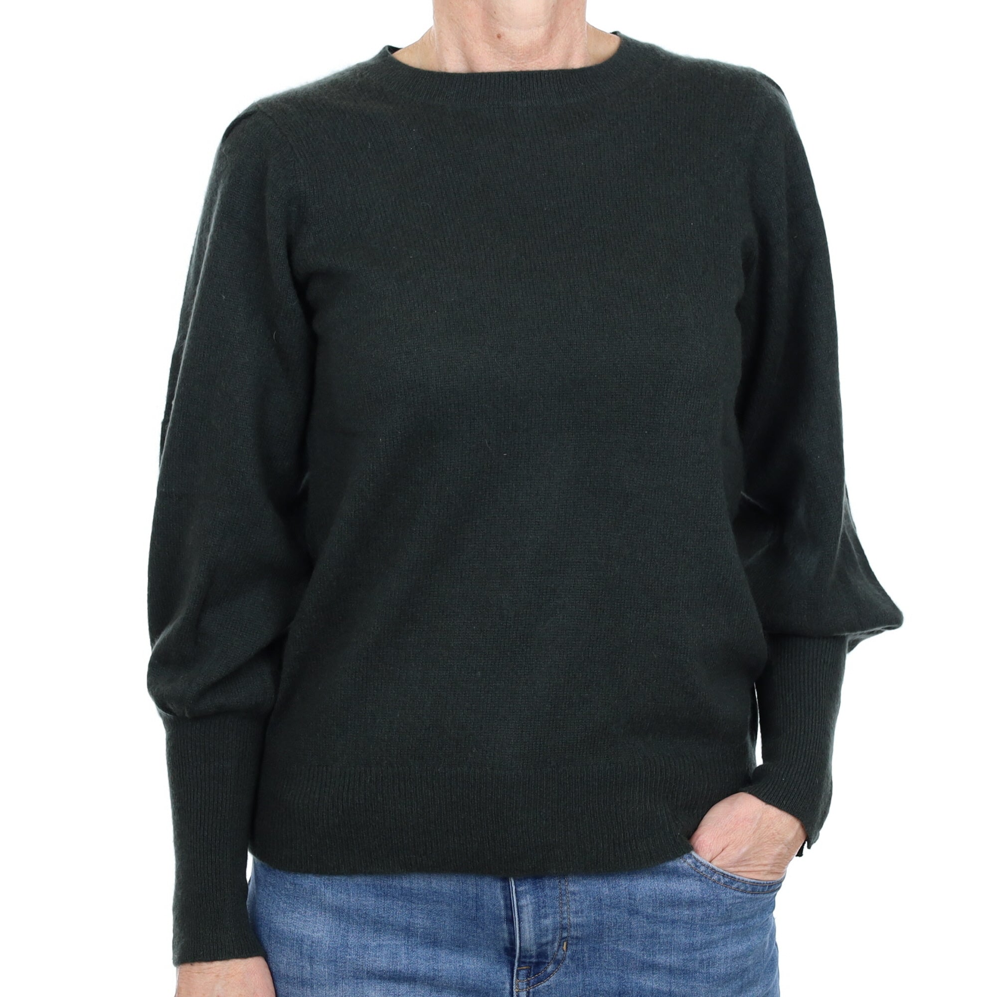 Darkest Khaki Cashmere Blouse Sleeve Crew Neck Jumper Small