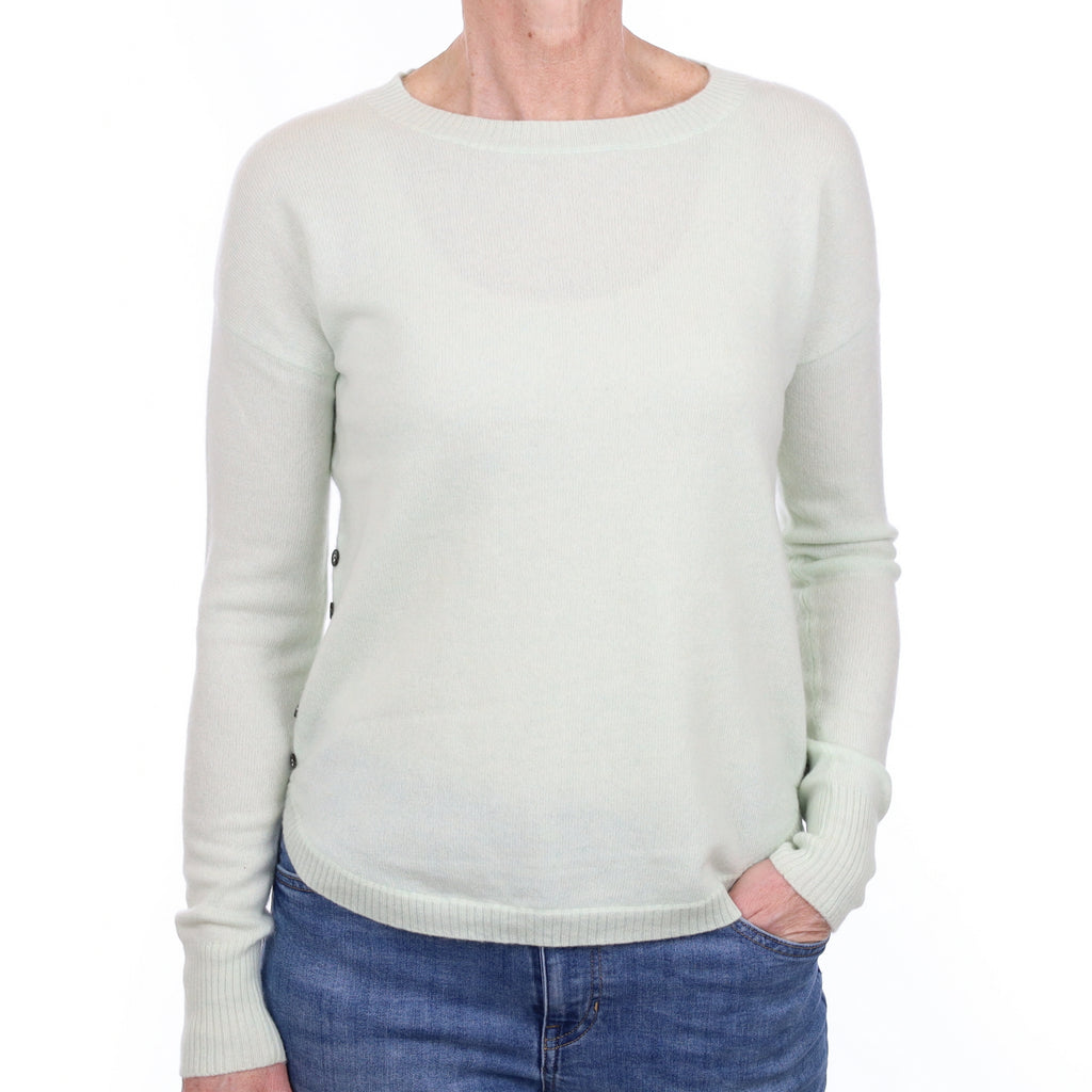 Repeat Pale Green Cashmere Button Side Crew Neck Jumper Small