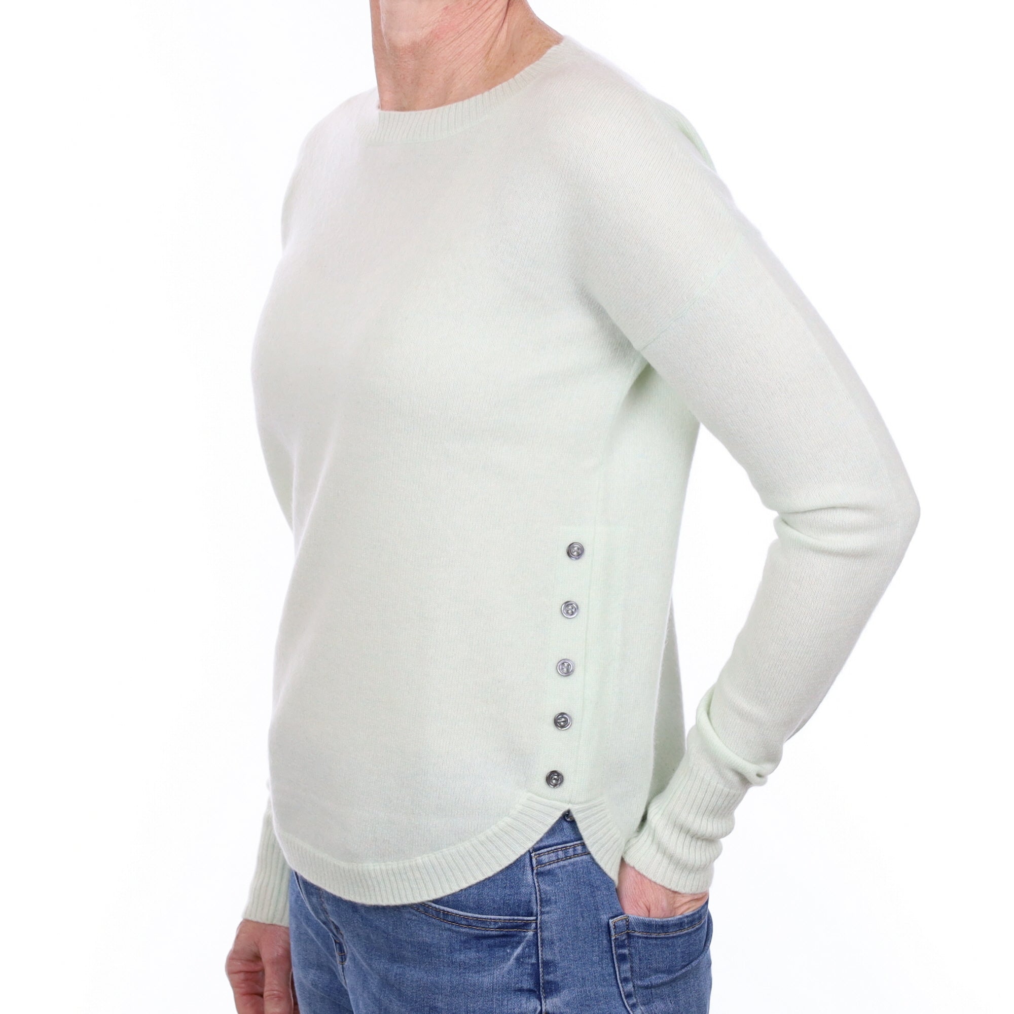 Repeat Pale Green Cashmere Button Side Crew Neck Jumper Small