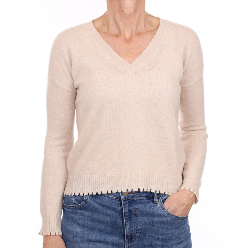Oyster Pink Cashmere Distressed Edge V Neck Jumper Small