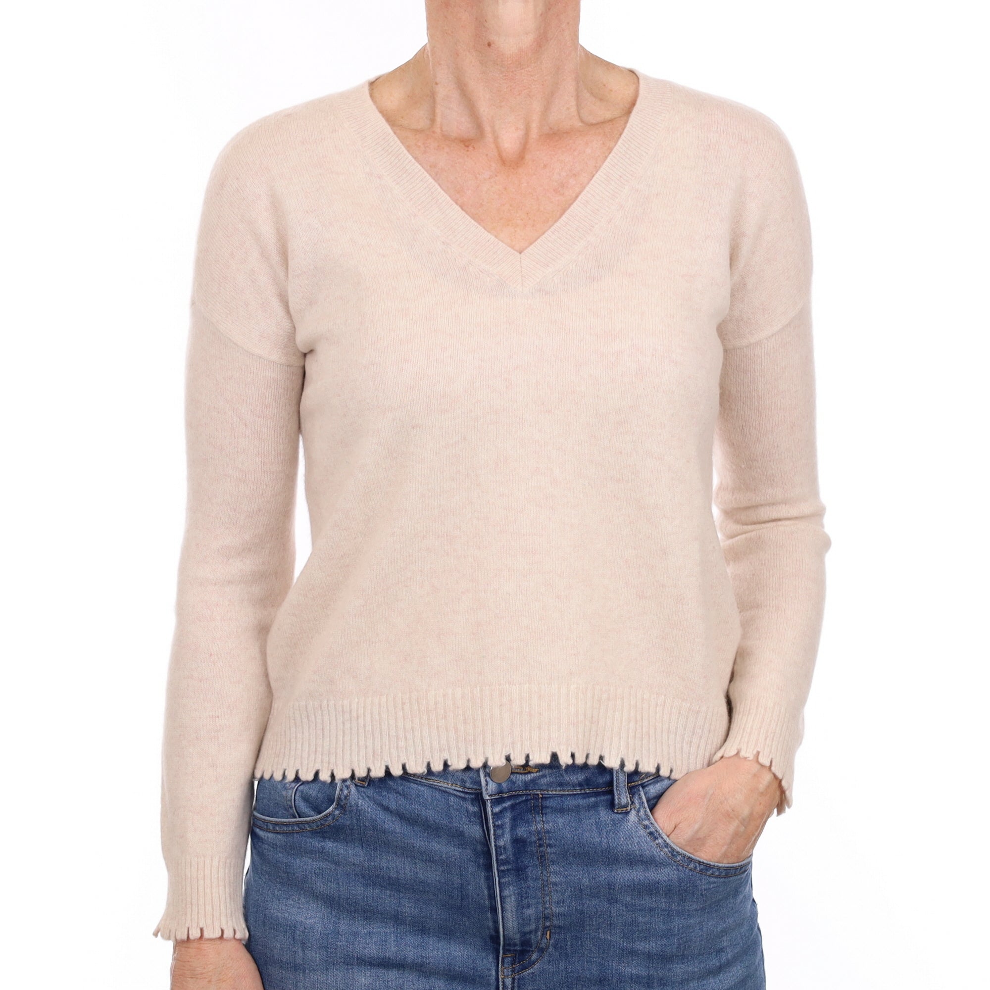 Oyster Pink Cashmere Distressed Edge V Neck Jumper Small