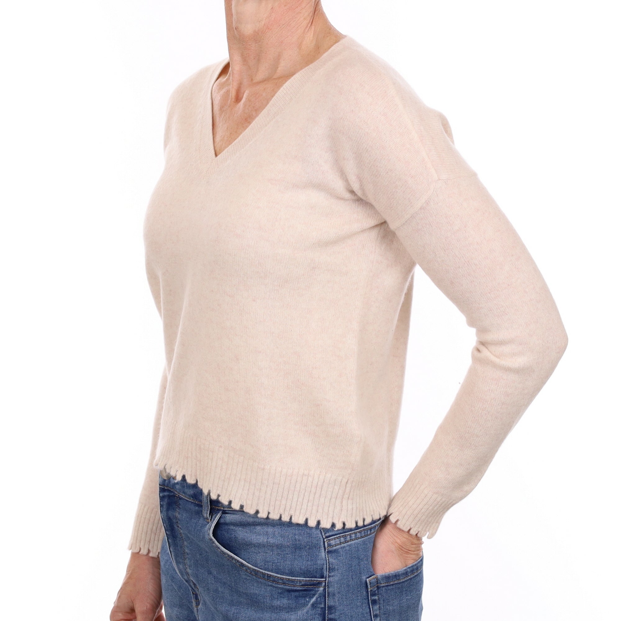 Oyster Pink Cashmere Distressed Edge V Neck Jumper Small