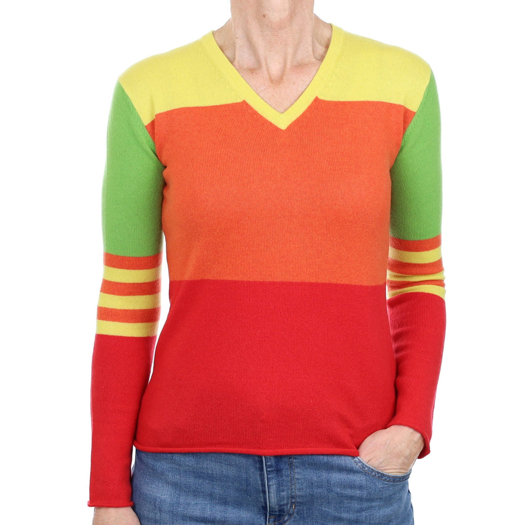 Rainbow Stripe Cashmere V Neck Jumper Small