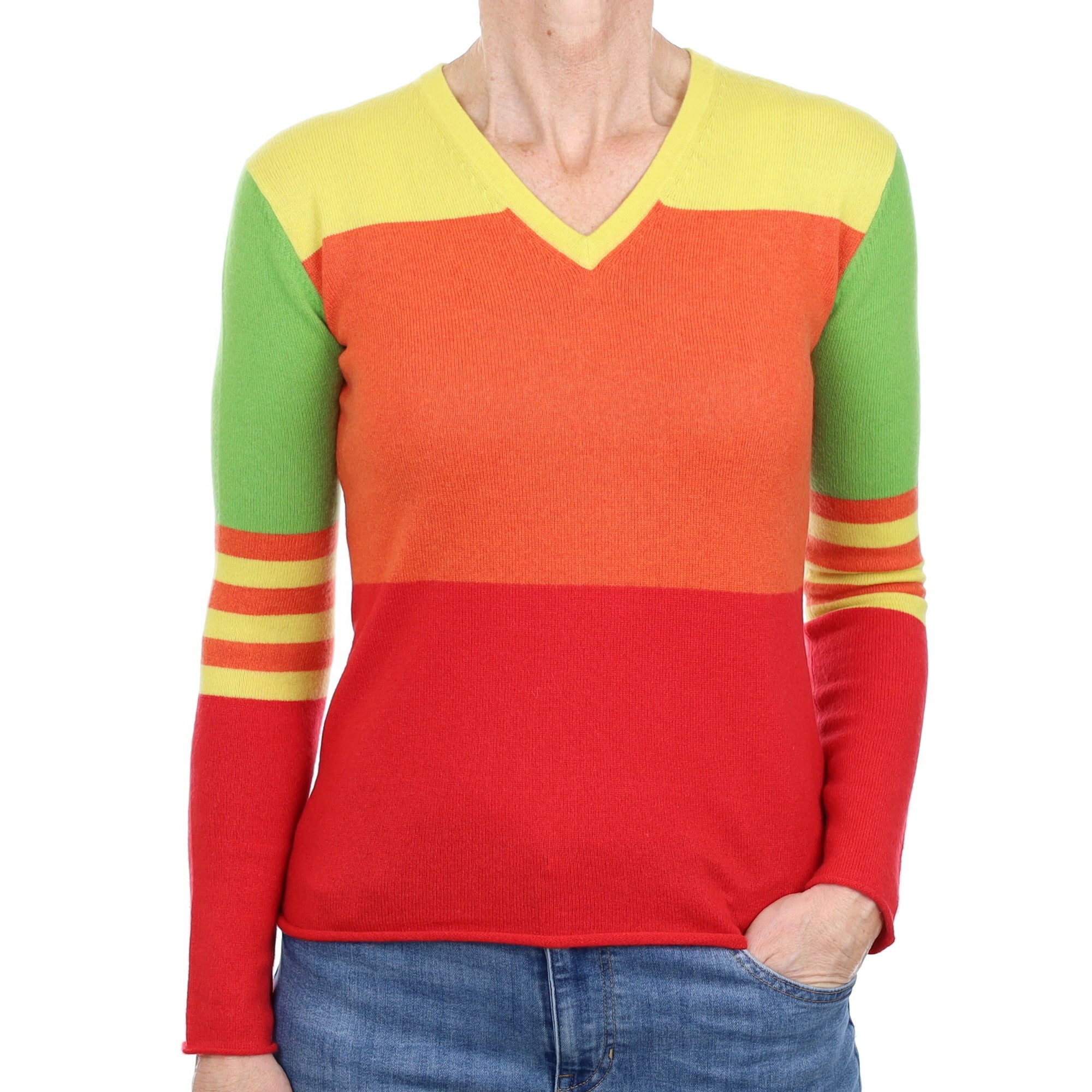 Rainbow Stripe Cashmere V Neck Jumper Small