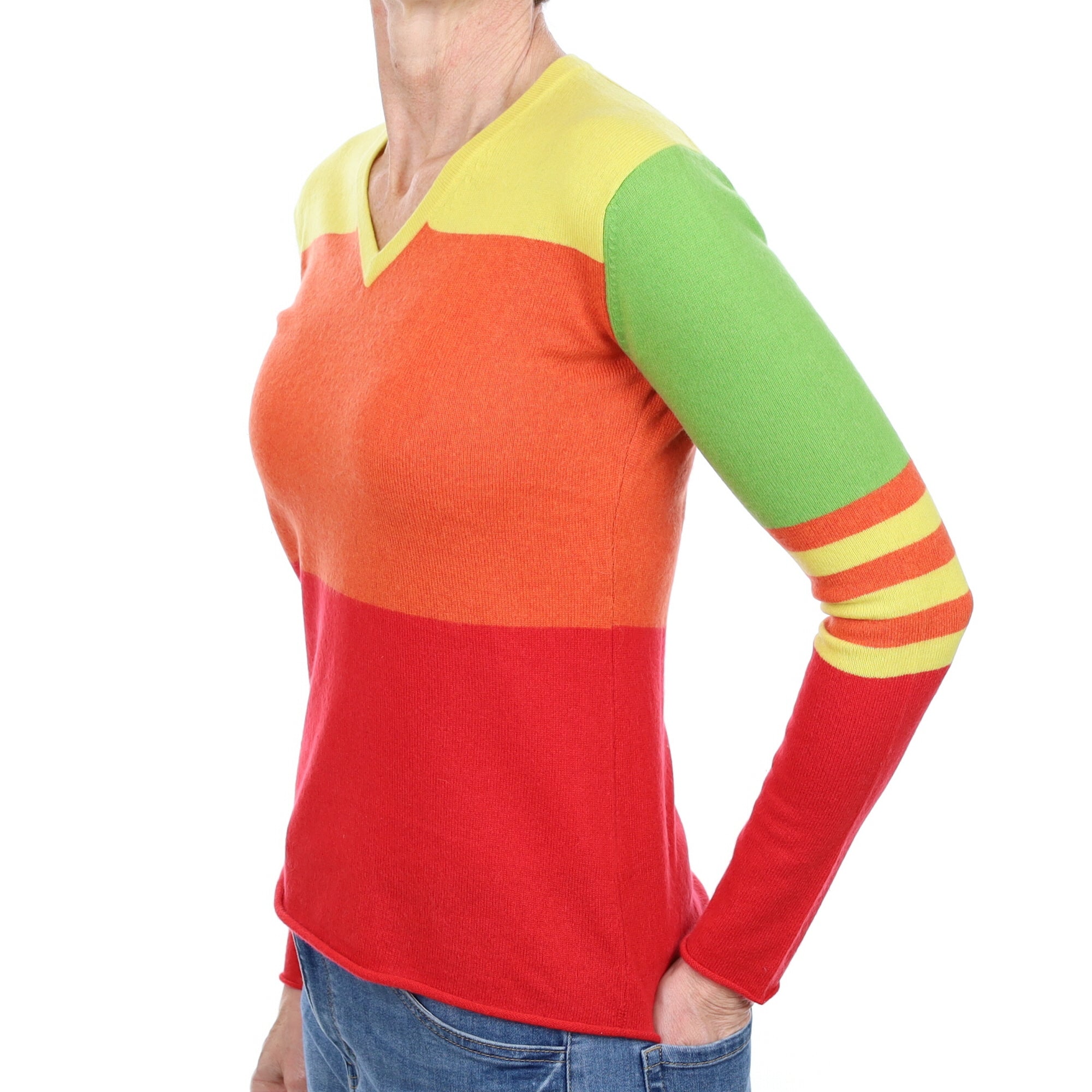 Rainbow Stripe Cashmere V Neck Jumper Small