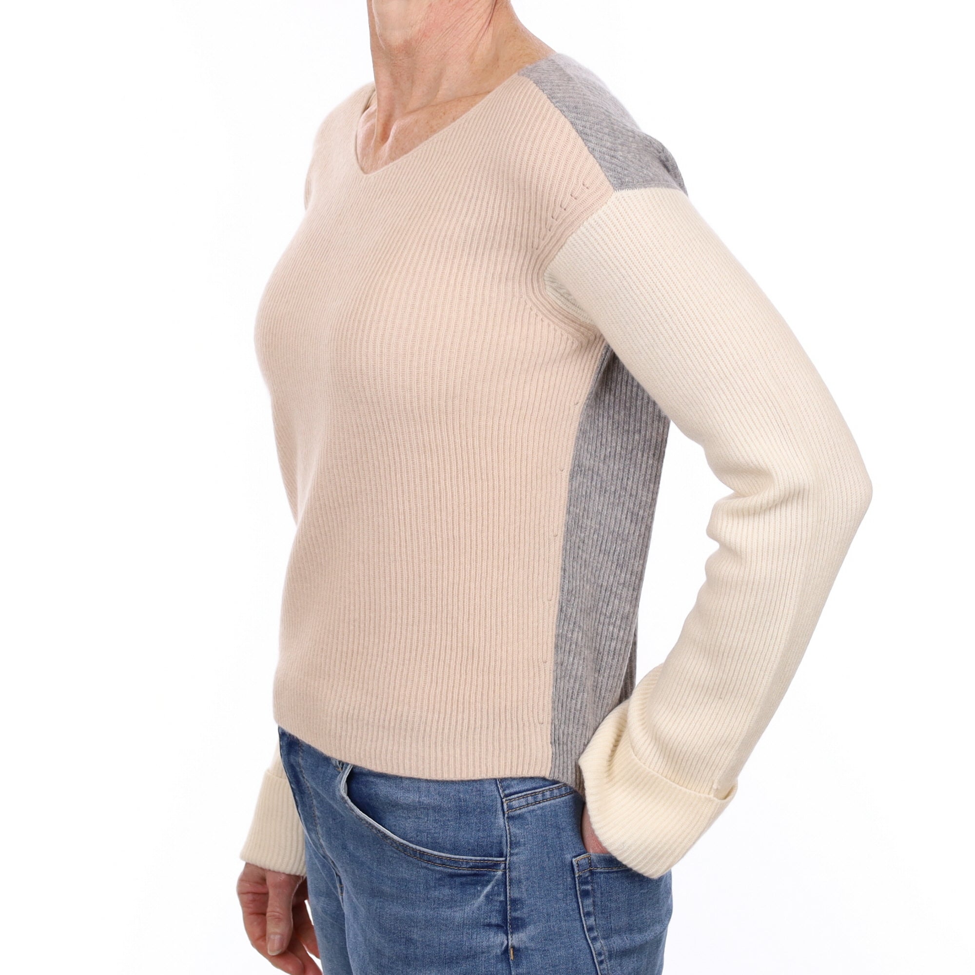 Vince Grey and Buff Cashmere V Neck Jumper Small