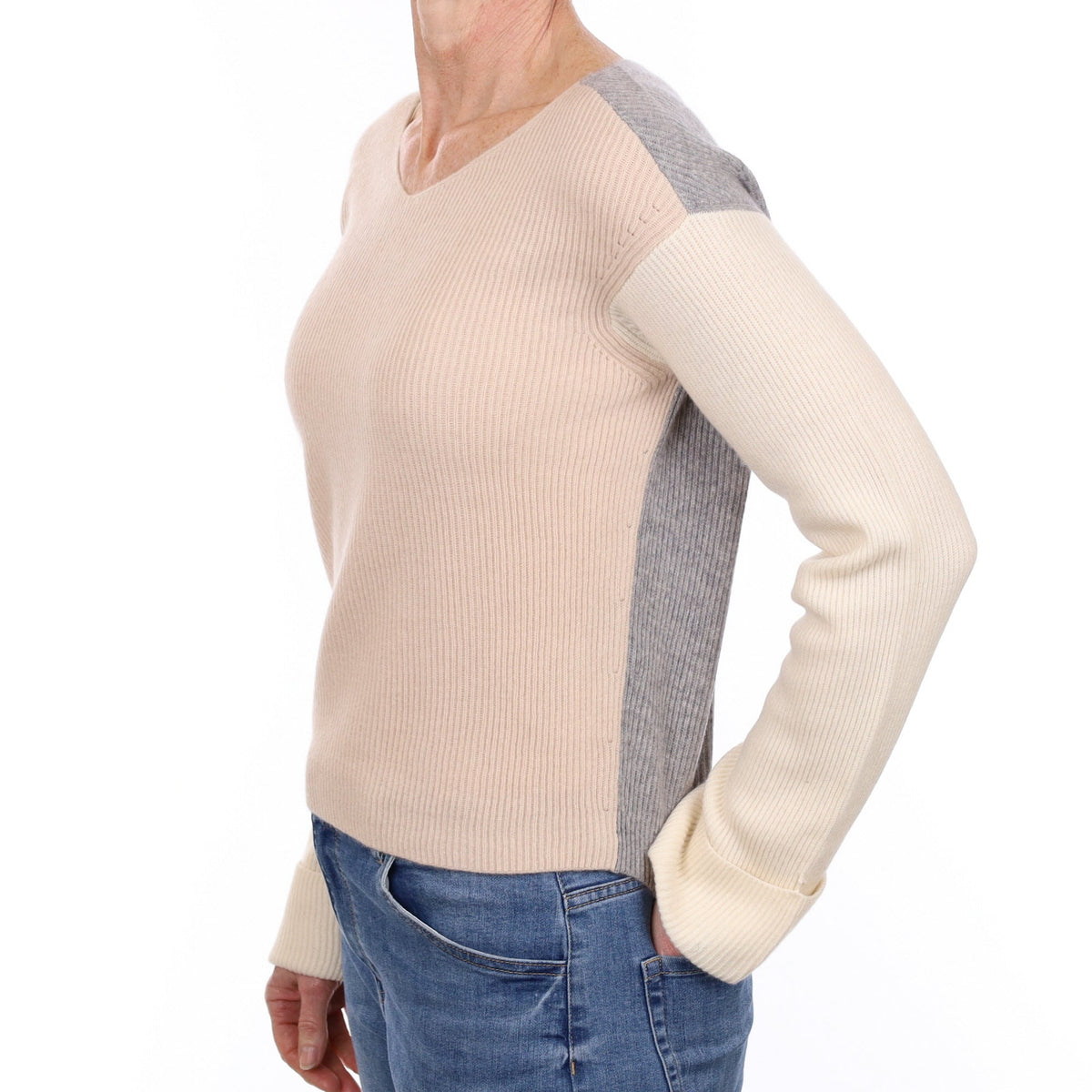Vince Grey and Buff Cashmere V Neck Jumper Small