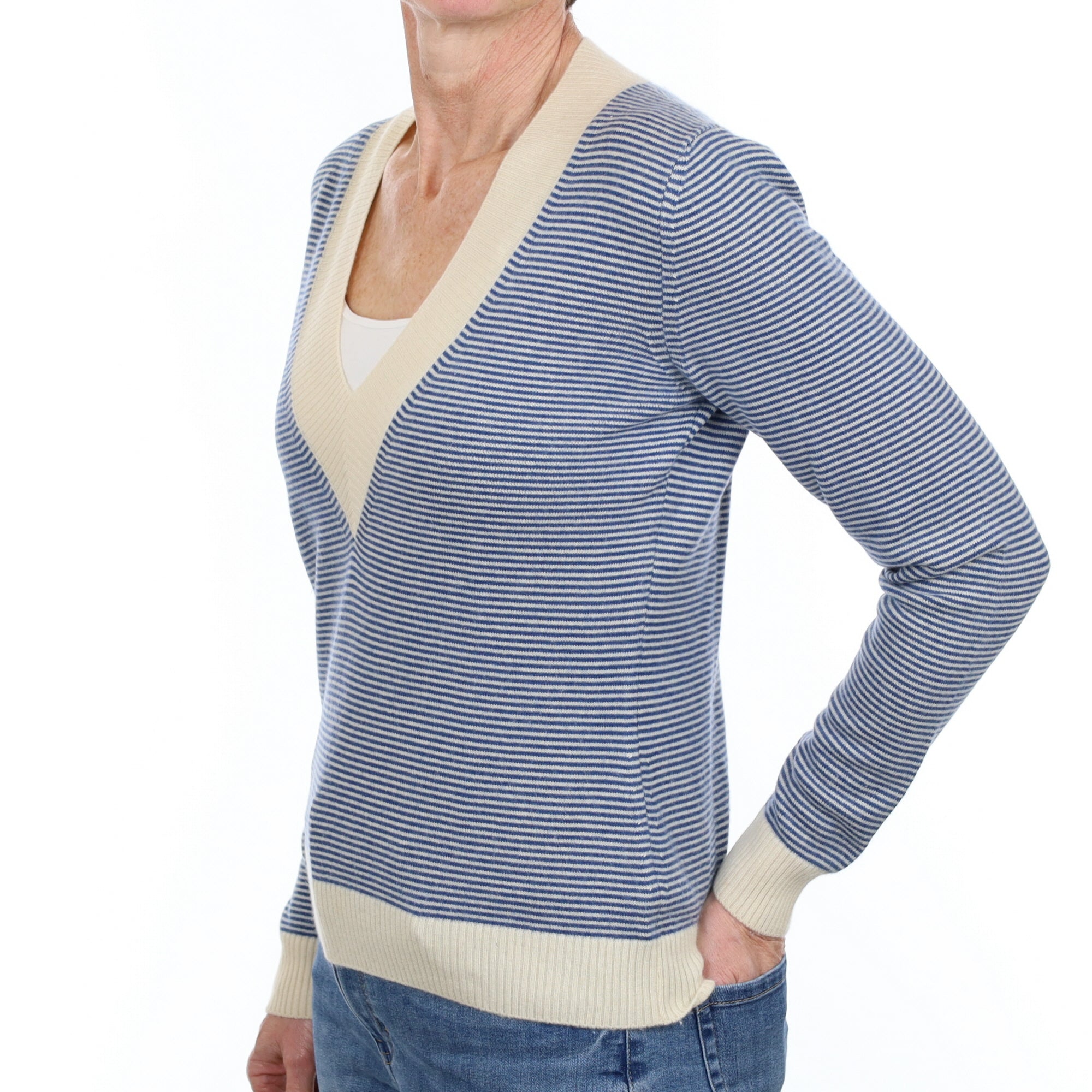 Italian Blue and Cream Stripe Cashmere V Neck Jumper Small